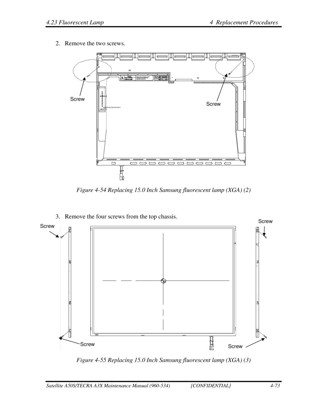 Toshiba A3X manual Replacing 15.0 Inch Samsung fluorescent lamp XGA 