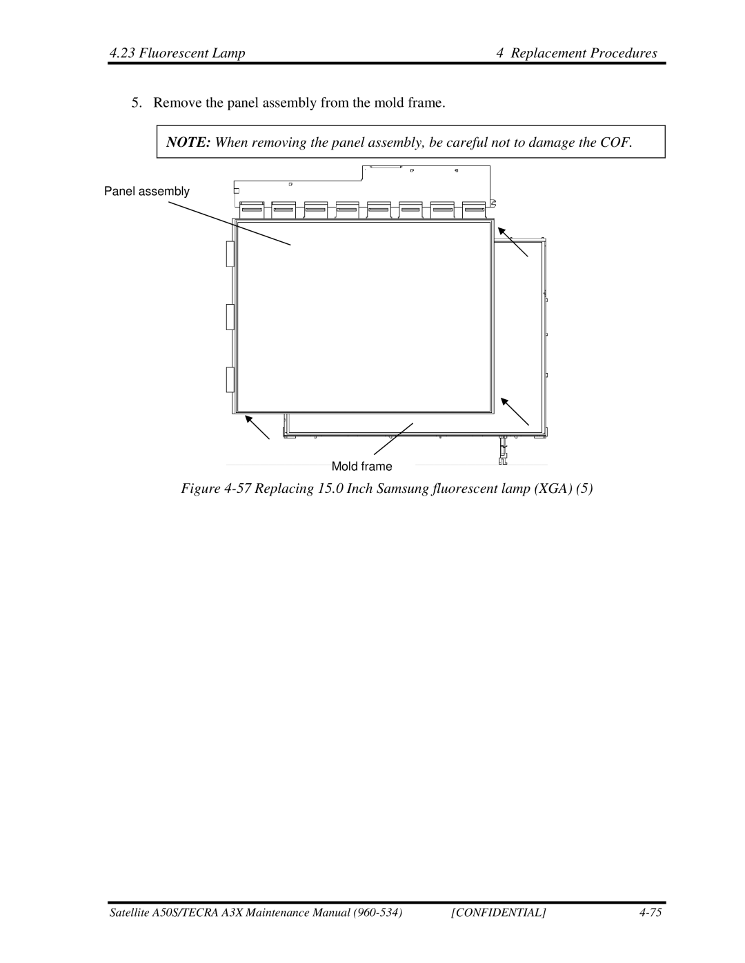 Toshiba A3X manual Fluorescent Lamp4 Replacement Procedures, Replacing 15.0 Inch Samsung fluorescent lamp XGA 