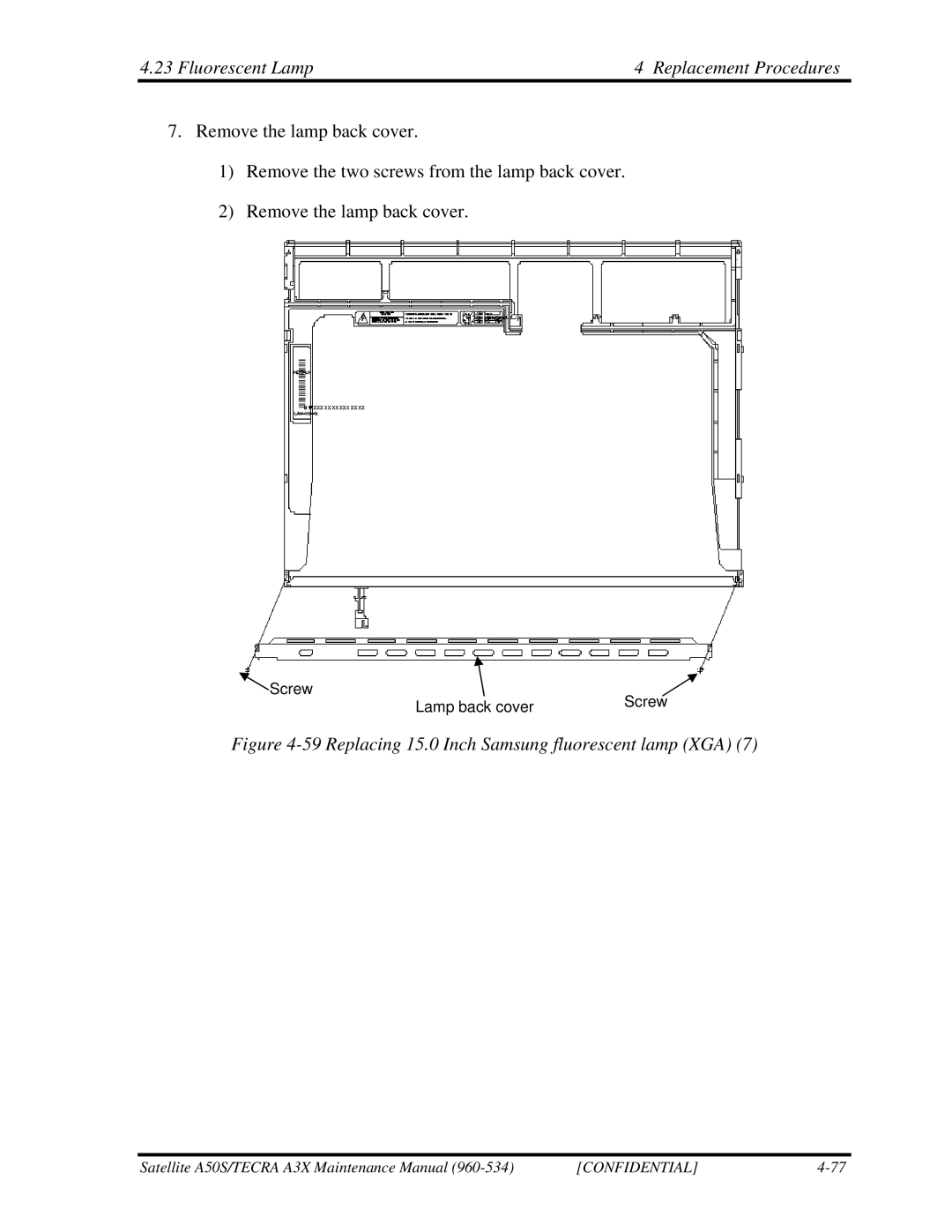 Toshiba A3X manual Replacing 15.0 Inch Samsung fluorescent lamp XGA 