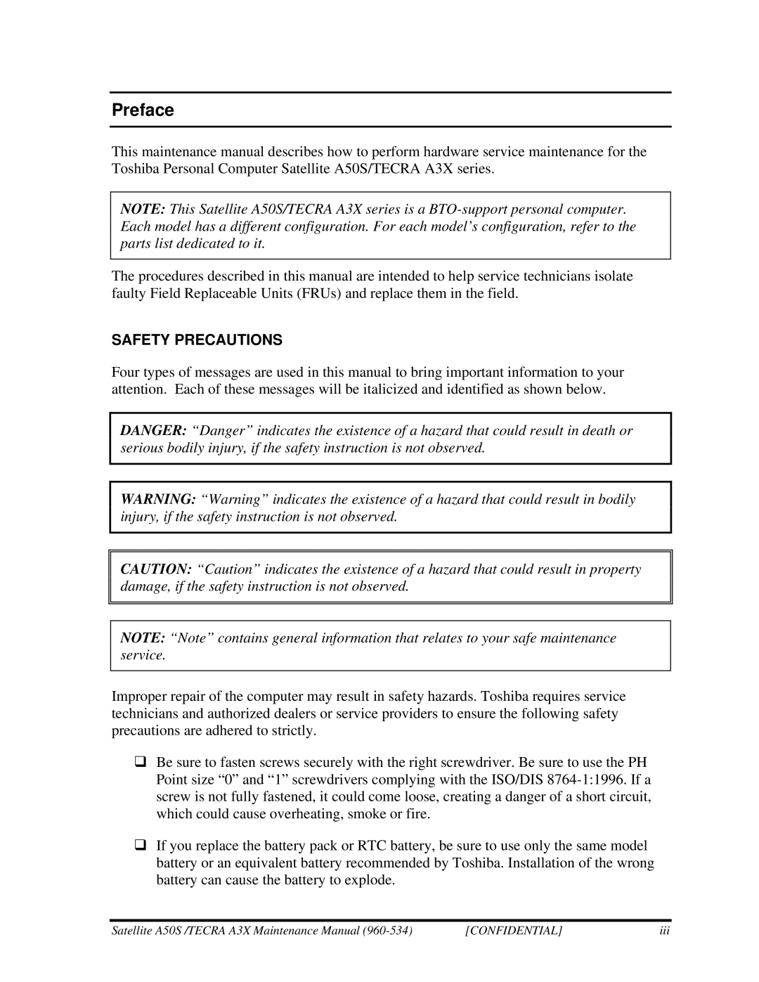 Toshiba A3X manual Preface, Safety Precautions 