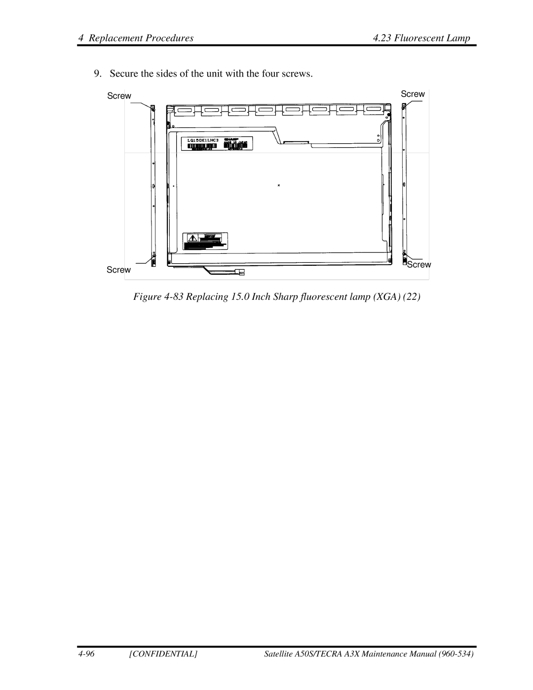 Toshiba A3X manual Replacing 15.0 Inch Sharp fluorescent lamp XGA 