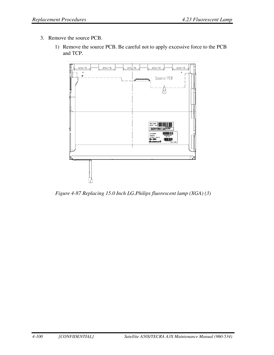 Toshiba A3X manual Replacing 15.0 Inch LG.Philips fluorescent lamp XGA 