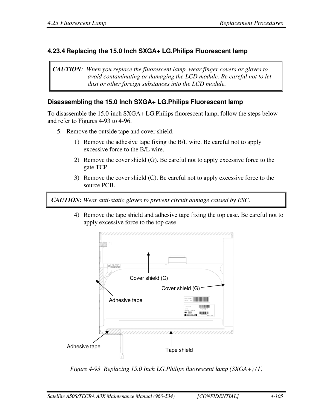 Toshiba A3X manual Replacing 15.0 Inch LG.Philips fluorescent lamp SXGA+ 