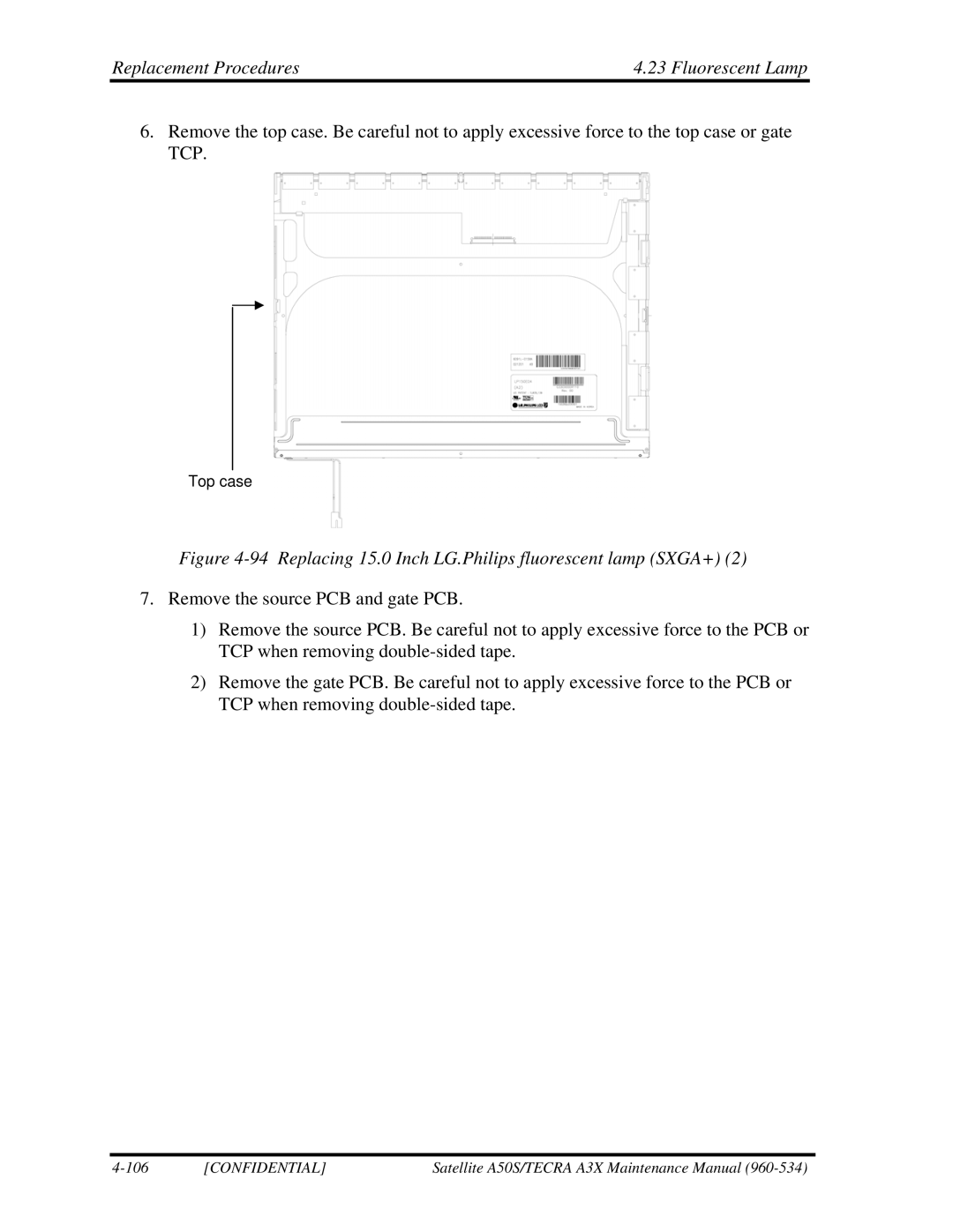 Toshiba A3X manual Replacing 15.0 Inch LG.Philips fluorescent lamp SXGA+ 