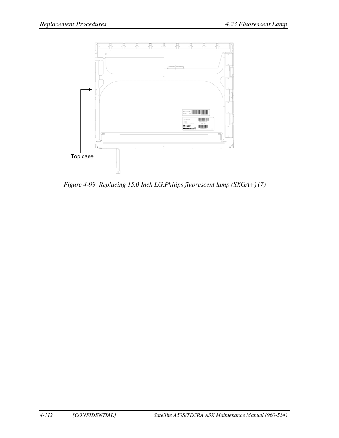 Toshiba A3X manual Replacing 15.0 Inch LG.Philips fluorescent lamp SXGA+ 