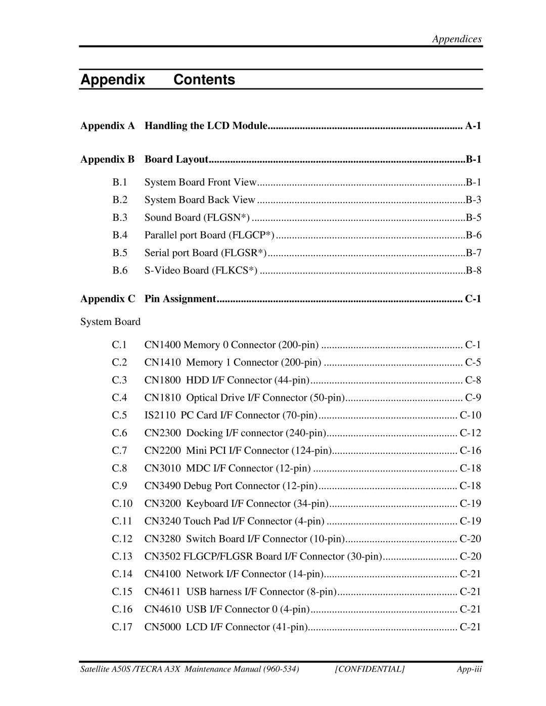 Toshiba A3X manual Appendix Contents 