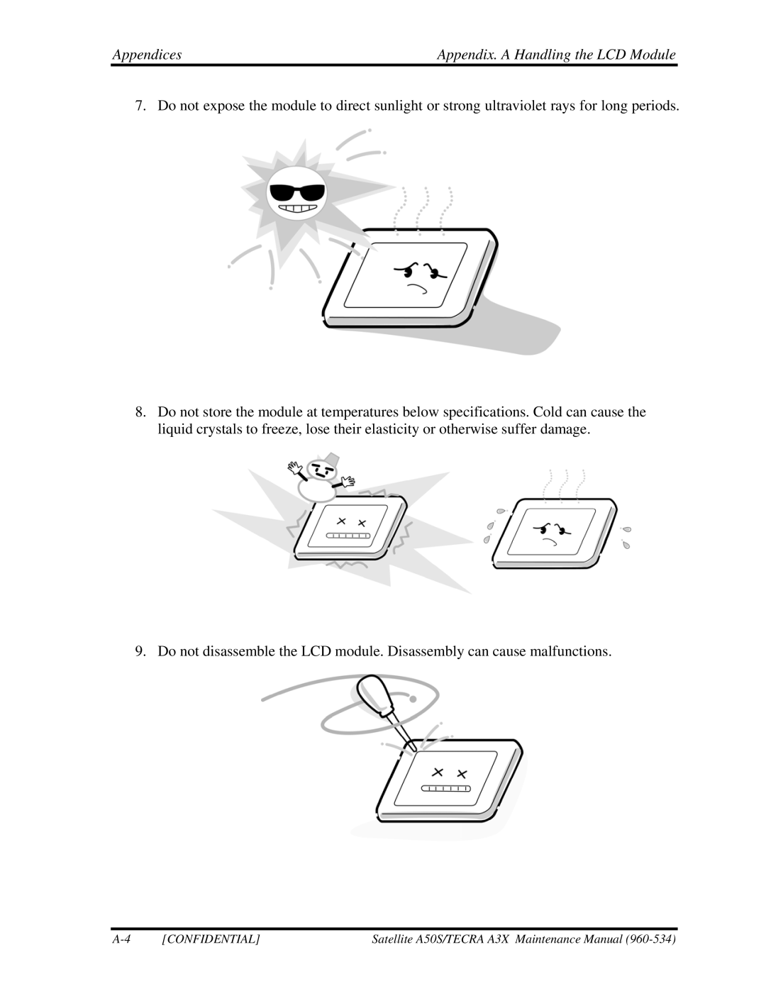 Toshiba A3X manual Appendices Appendix. a Handling the LCD Module 