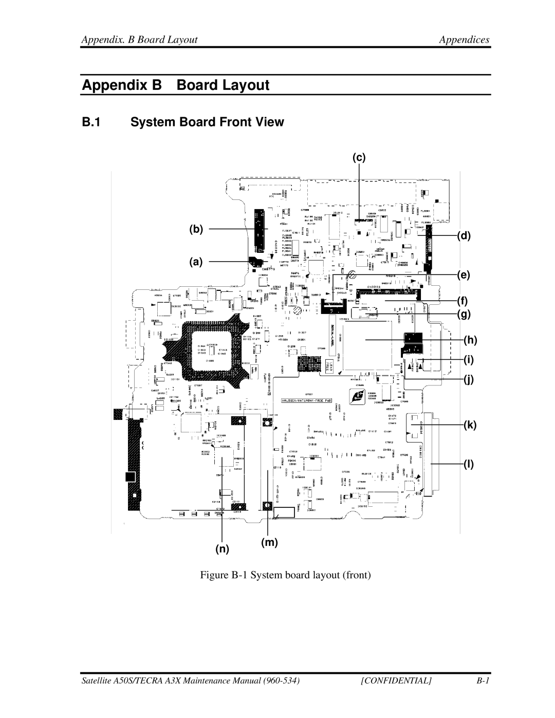 Toshiba A3X manual System Board Front View, Appendix. B Board Layout Appendices 