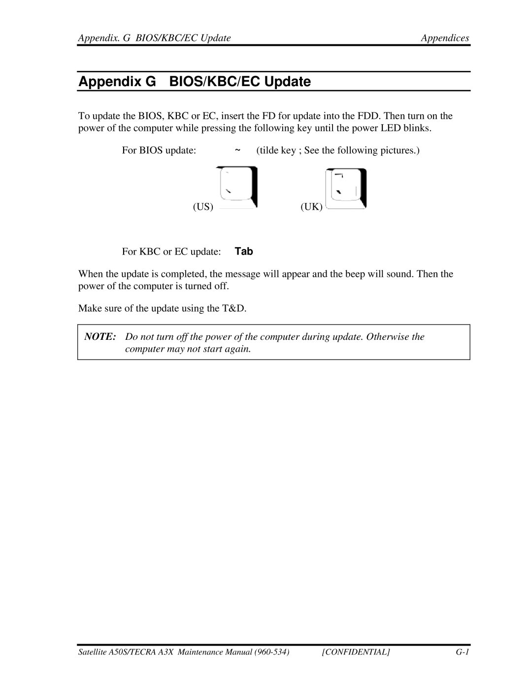 Toshiba A3X manual Appendix G BIOS/KBC/EC Update, Appendix. G BIOS/KBC/EC Update Appendices 