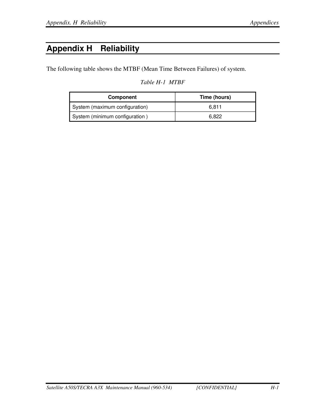 Toshiba A3X manual Appendix. H Reliability Appendices, Table H-1 Mtbf, Component Time hours 