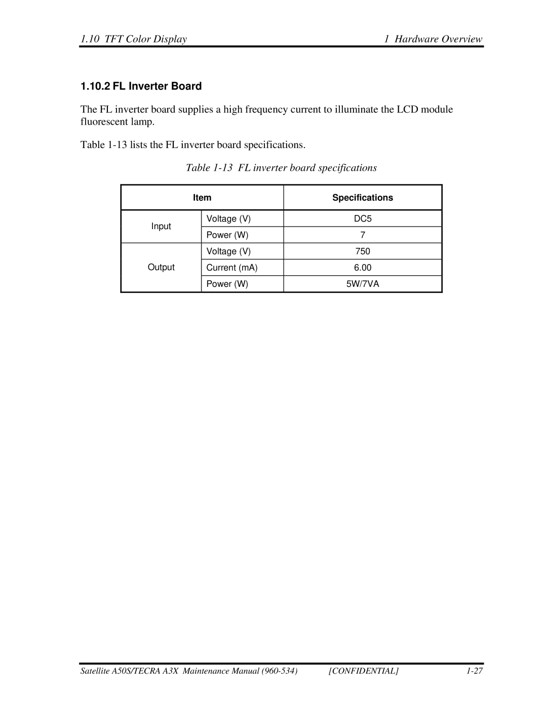 Toshiba A3X manual FL Inverter Board, FL inverter board specifications 