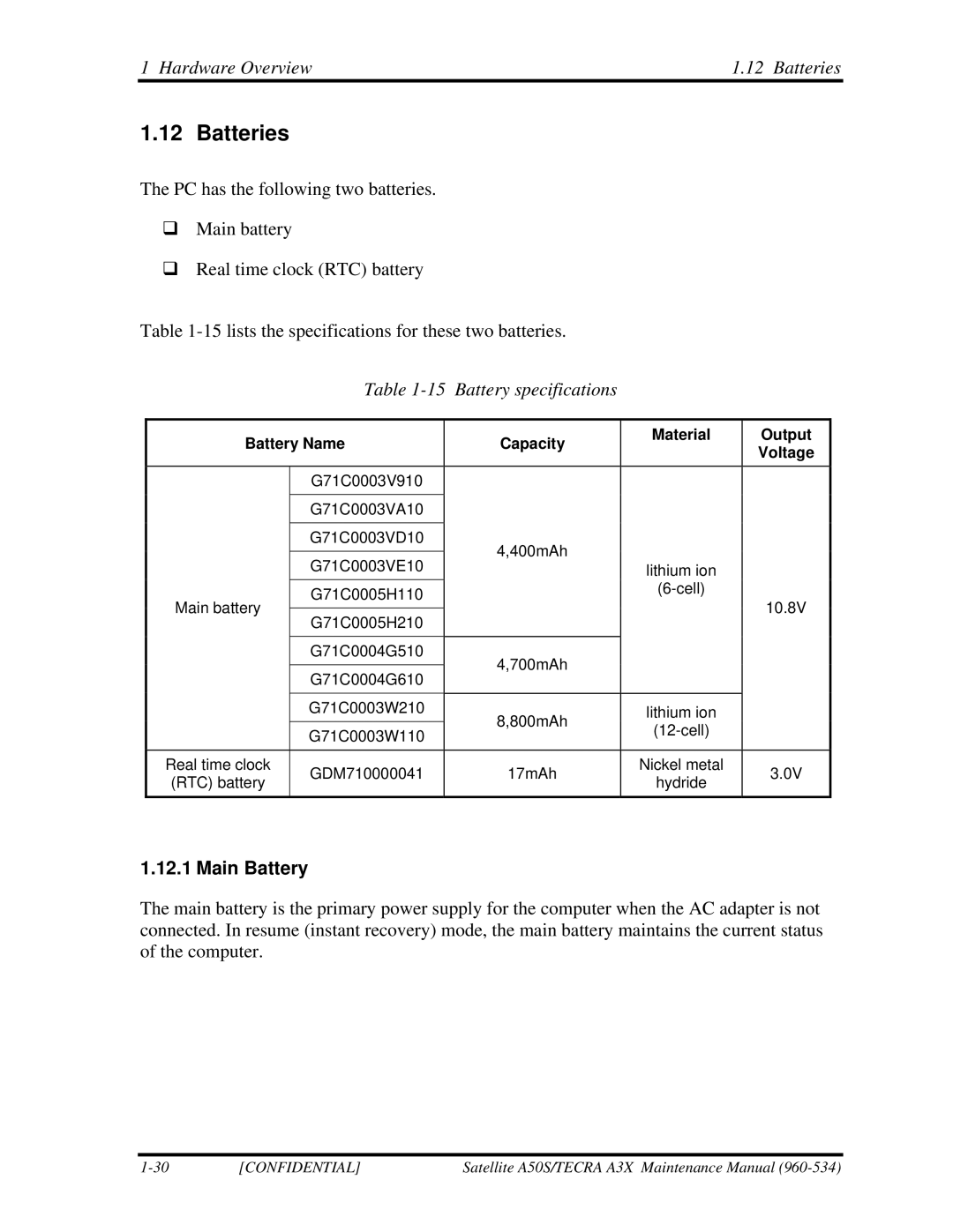 Toshiba A3X manual Hardware Overview Batteries, Battery specifications, Main Battery 