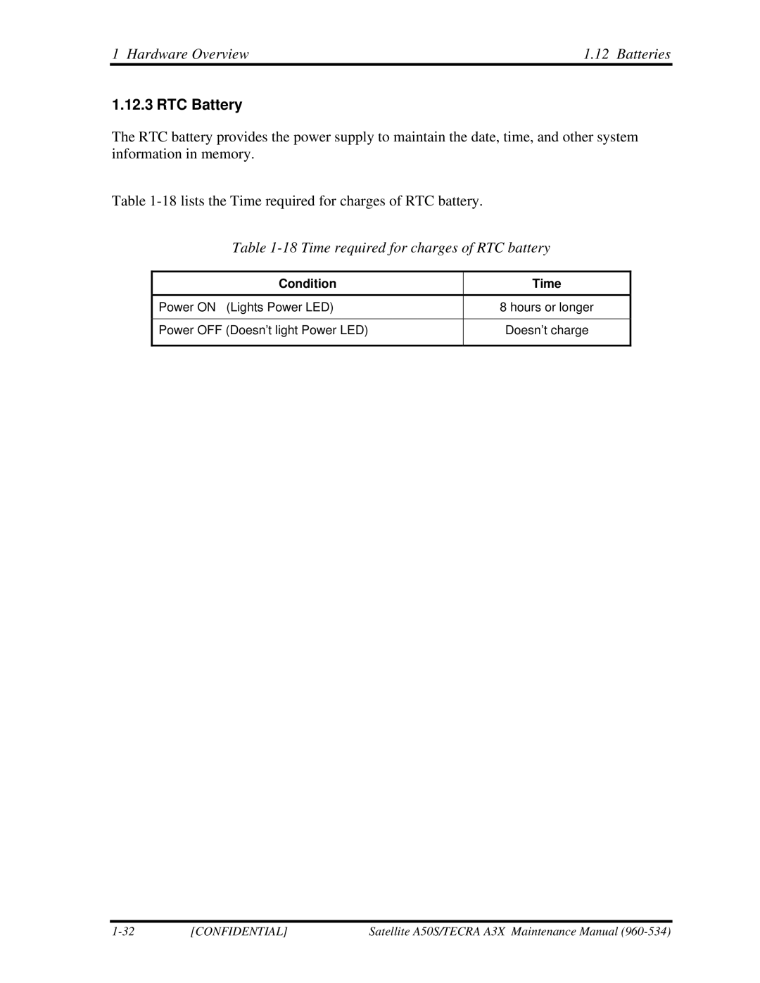 Toshiba A3X manual RTC Battery, Time required for charges of RTC battery, Condition Time 