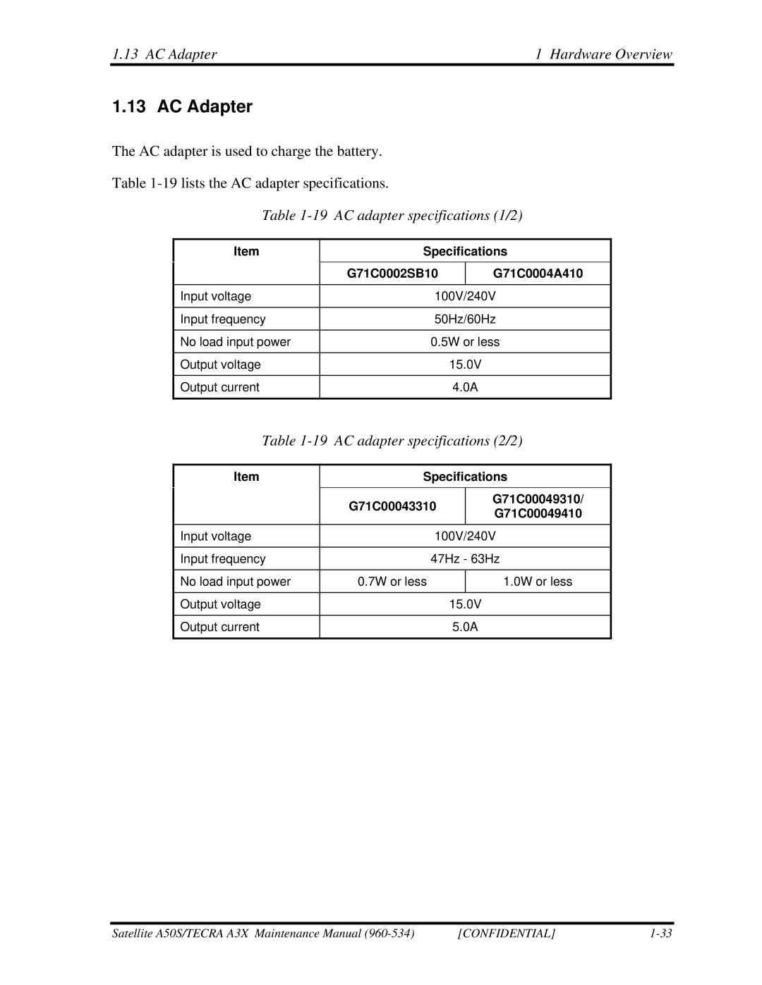 Toshiba A3X manual AC Adapter Hardware Overview, AC adapter specifications 1/2, AC adapter specifications 2/2 