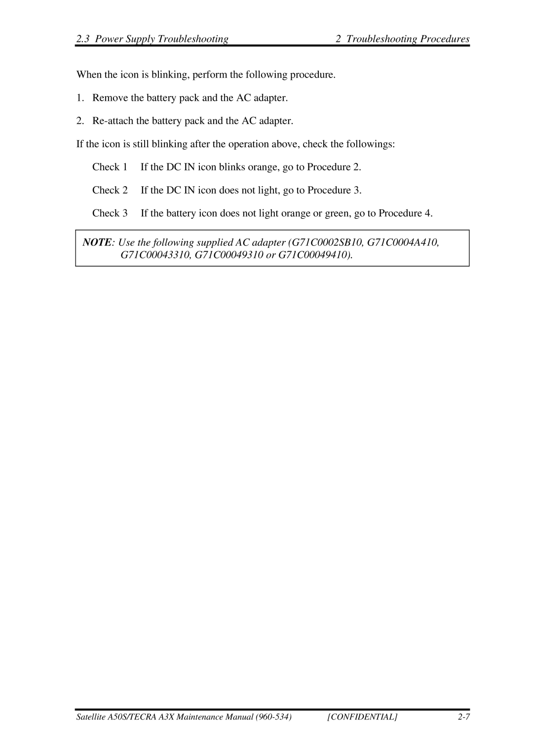 Toshiba A3X manual Power Supply Troubleshooting Troubleshooting Procedures 