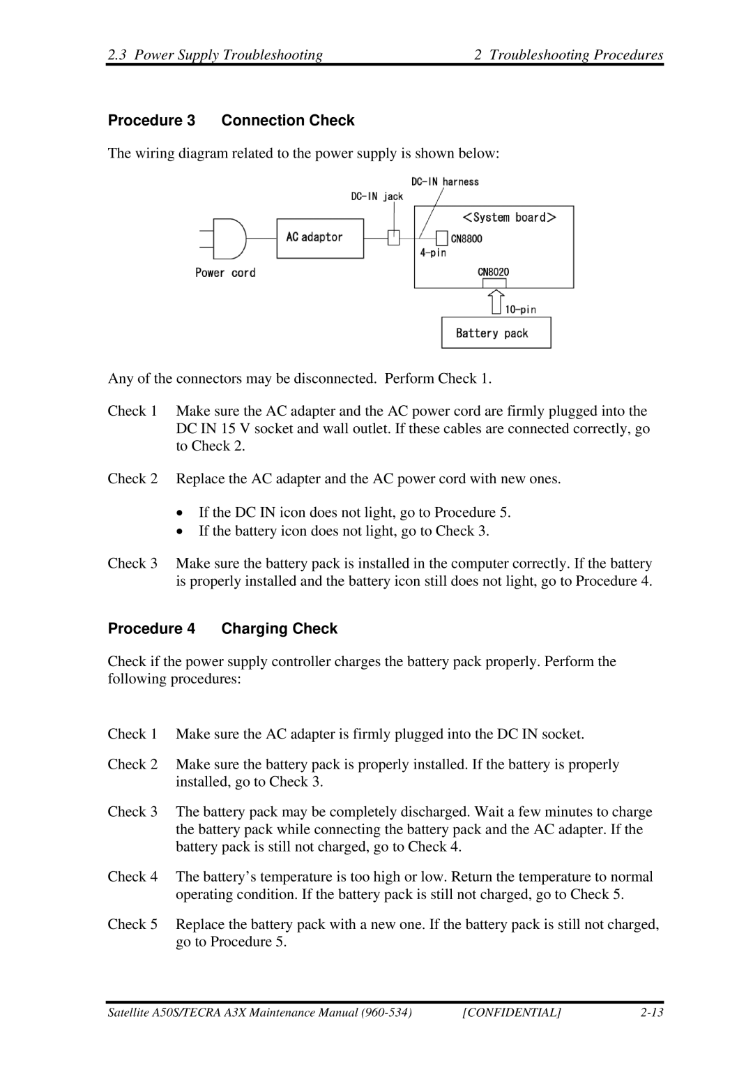 Toshiba A3X manual Procedure 3 Connection Check, Procedure 4 Charging Check 