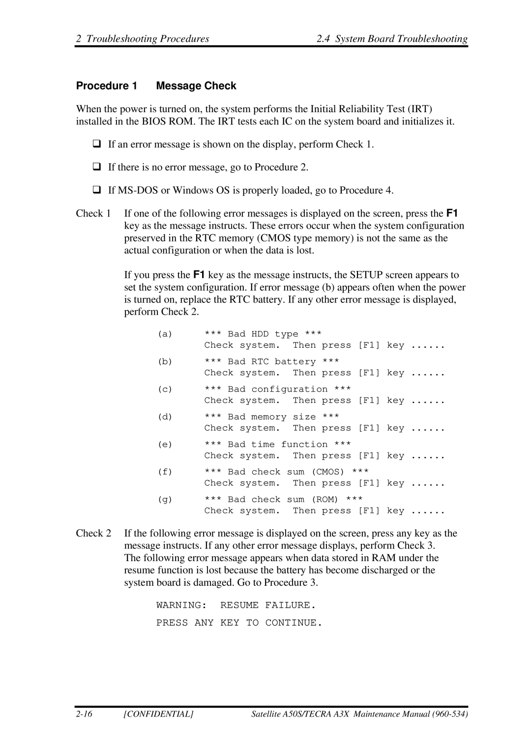 Toshiba A3X manual Troubleshooting Procedures System Board Troubleshooting, Procedure 1 Message Check 