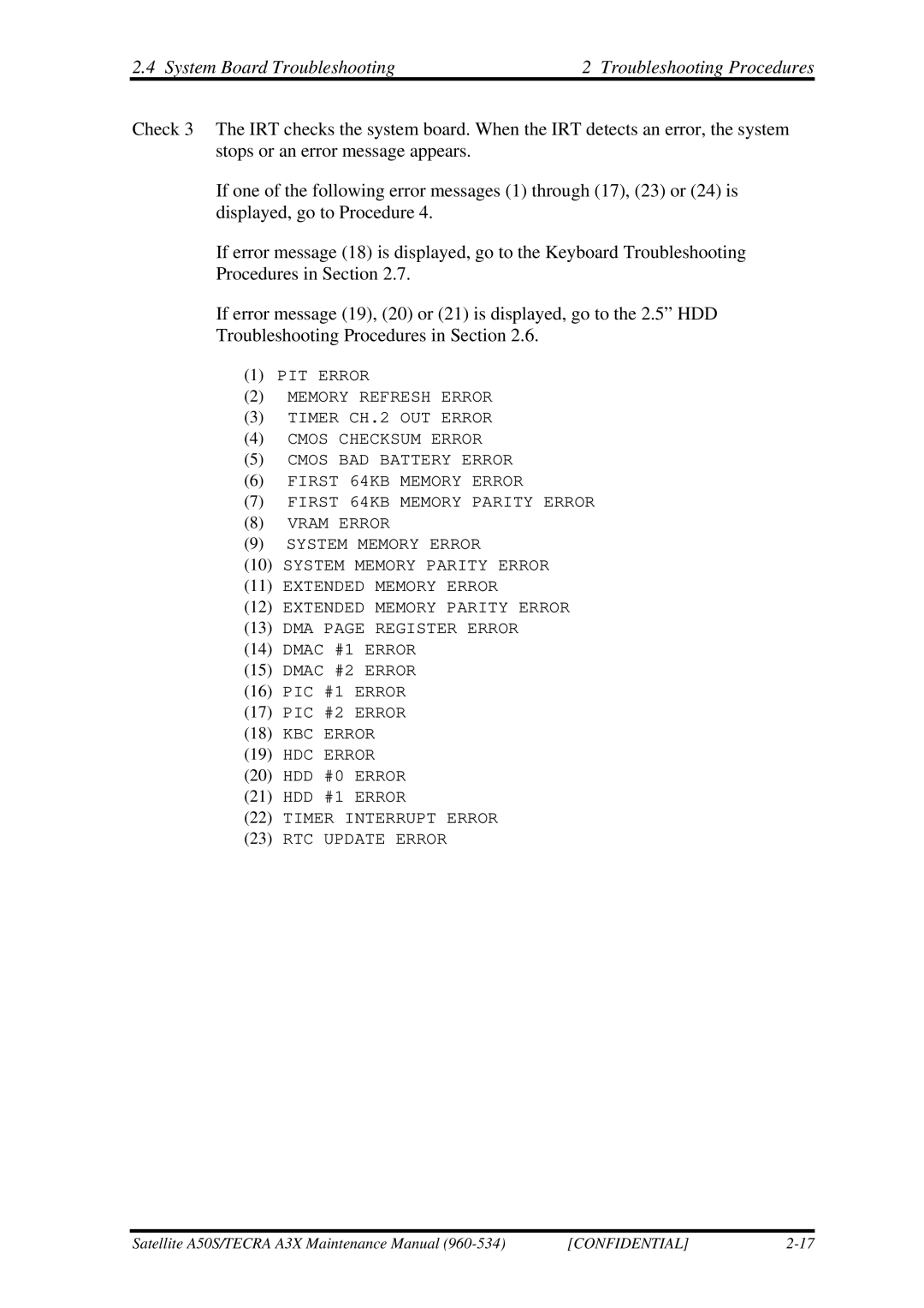 Toshiba A3X manual KBC Error HDC Error 