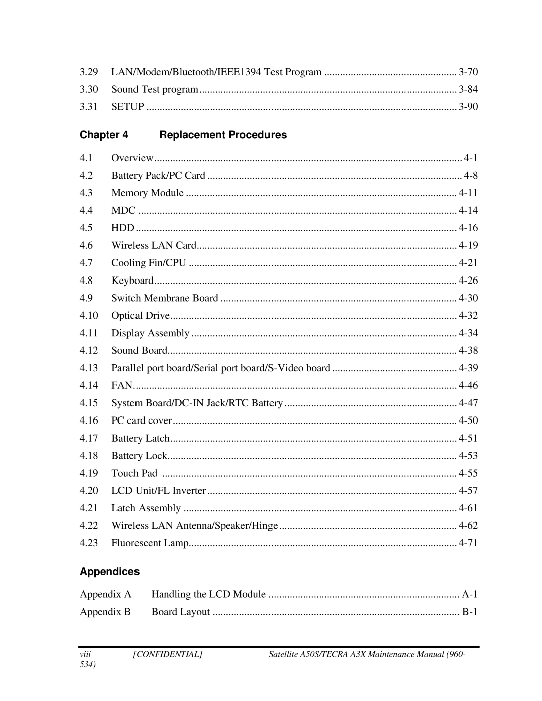 Toshiba A3X manual Chapter, Appendices 