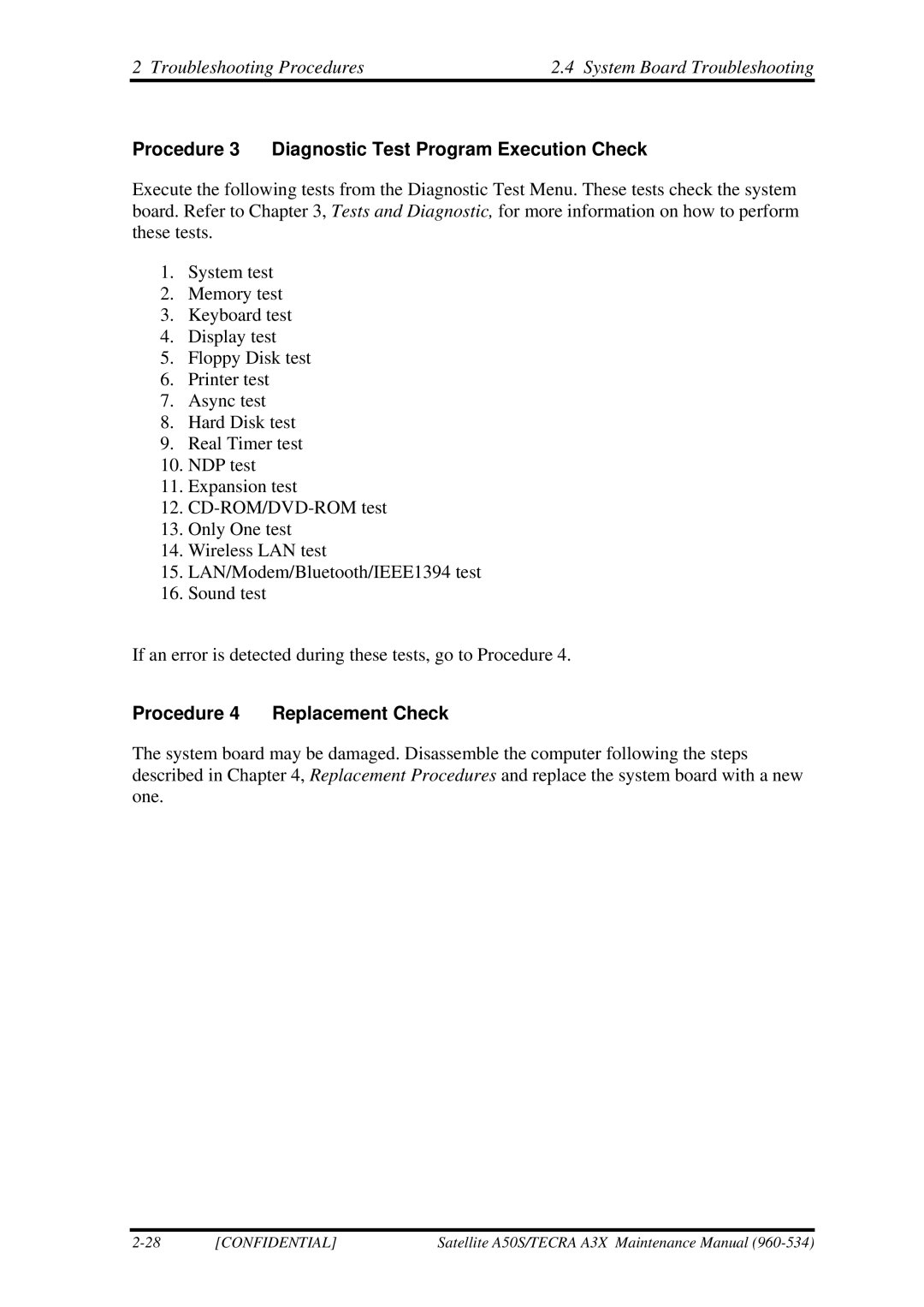 Toshiba A3X manual Procedure 3 Diagnostic Test Program Execution Check, Procedure 4 Replacement Check 