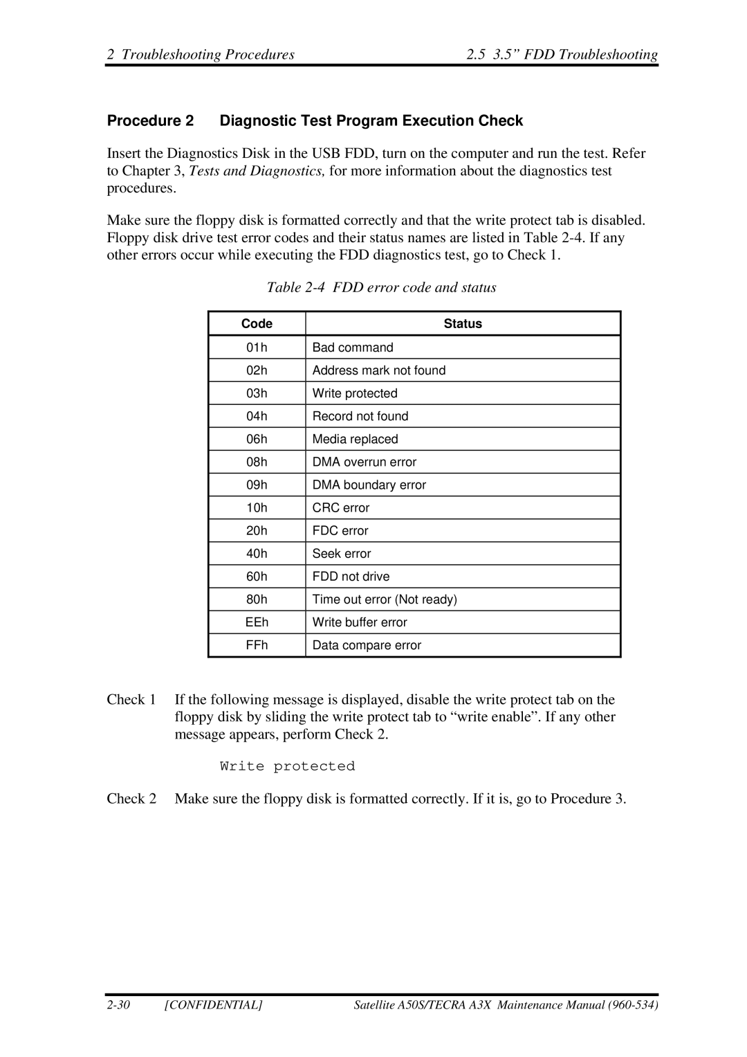 Toshiba A3X manual Troubleshooting Procedures 3.5 FDD Troubleshooting, Procedure 2 Diagnostic Test Program Execution Check 