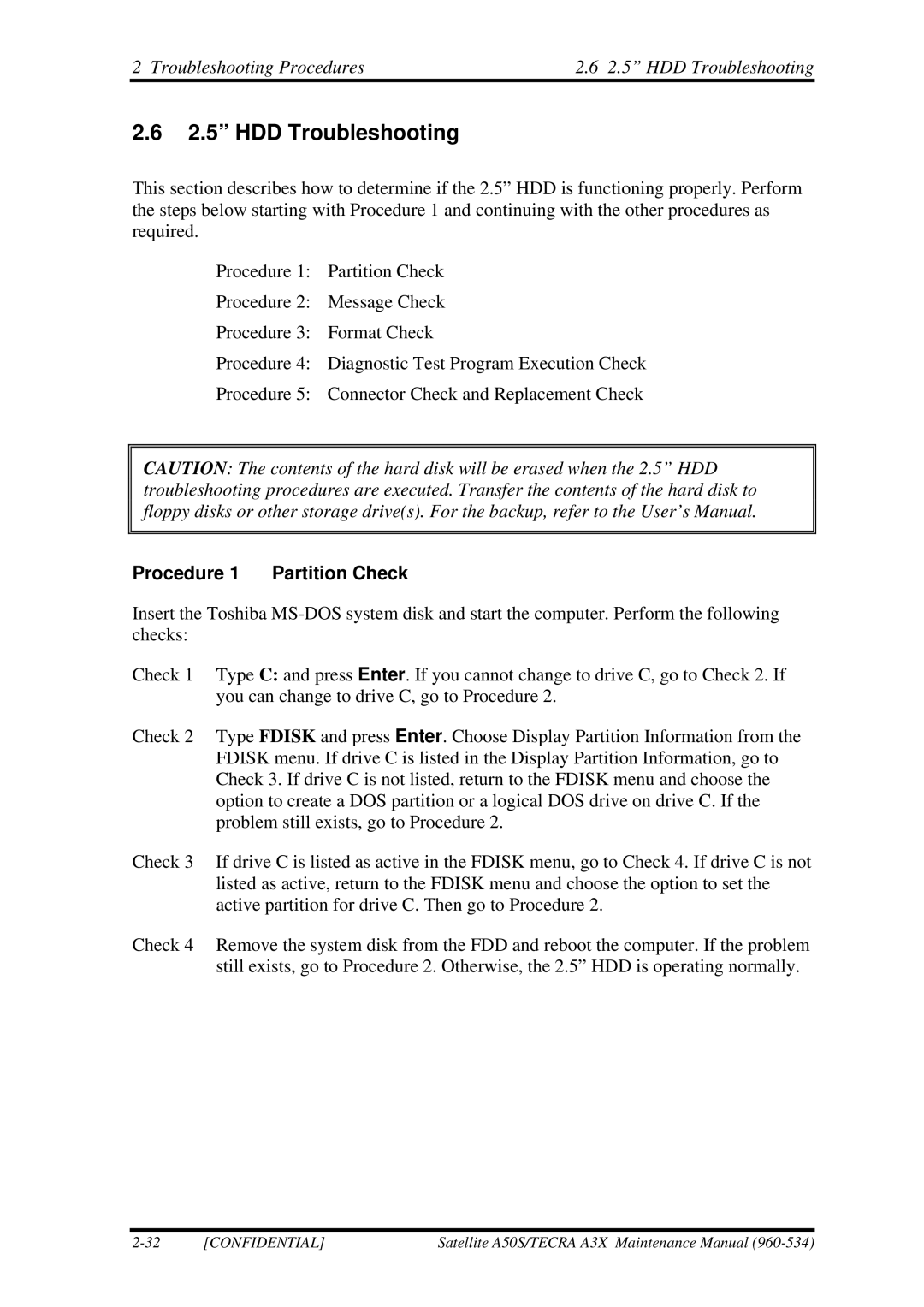 Toshiba A3X manual Troubleshooting Procedures 2.5 HDD Troubleshooting, Procedure 1 Partition Check 