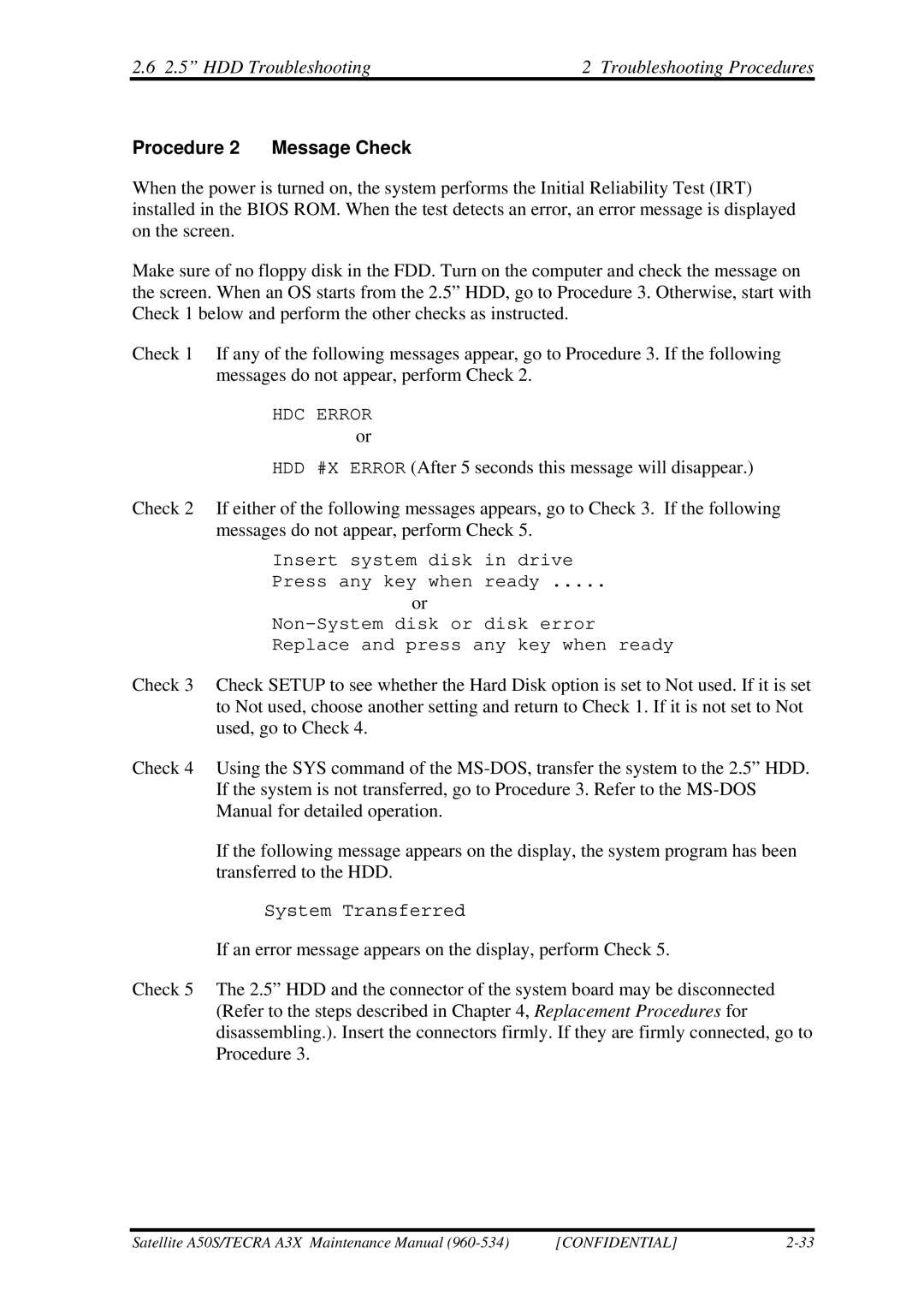 Toshiba A3X manual HDD Troubleshooting Troubleshooting Procedures, Procedure 2 Message Check 