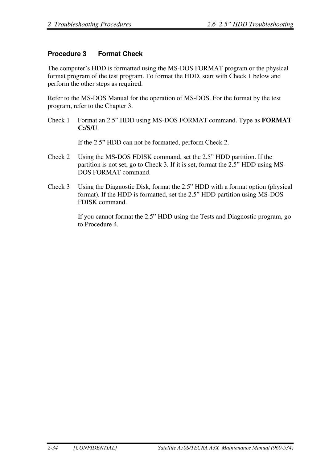 Toshiba A3X manual Procedure 3 Format Check 