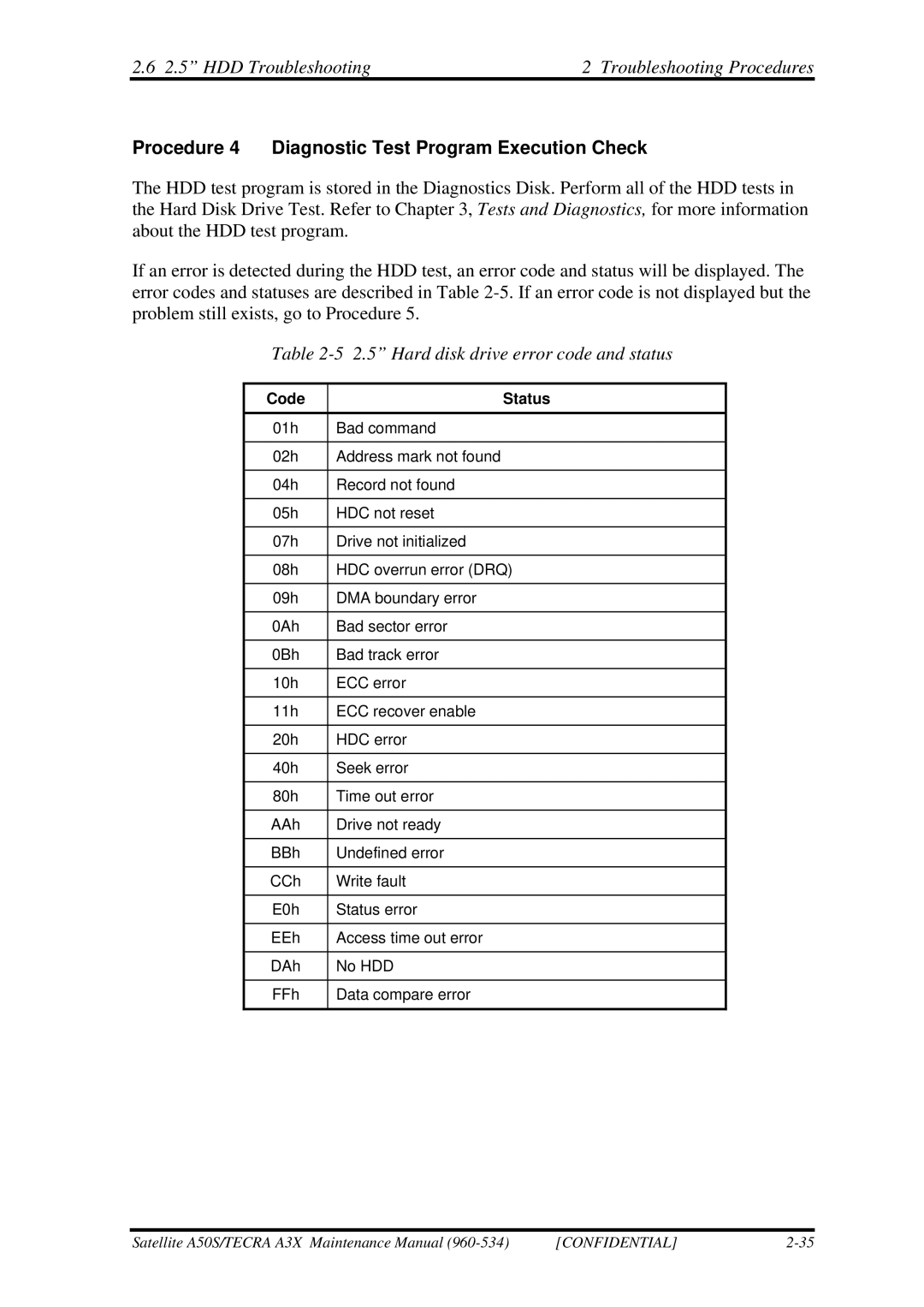Toshiba A3X manual Procedure 4 Diagnostic Test Program Execution Check, Hard disk drive error code and status 
