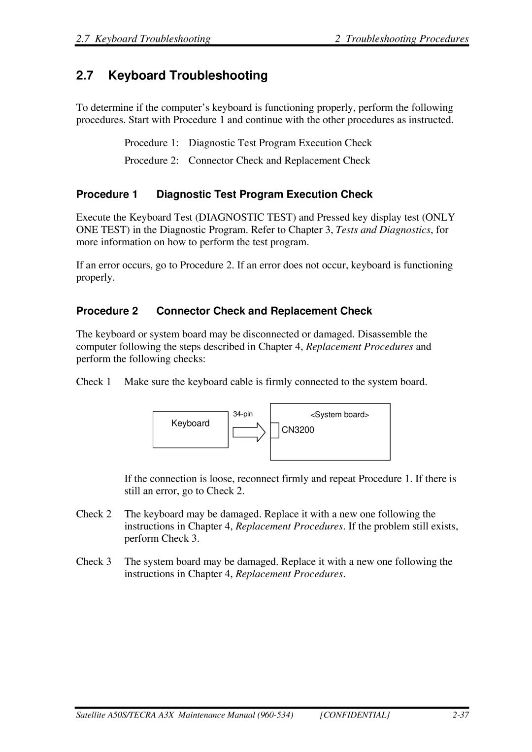 Toshiba A3X Keyboard Troubleshooting Troubleshooting Procedures, Procedure 1 Diagnostic Test Program Execution Check 