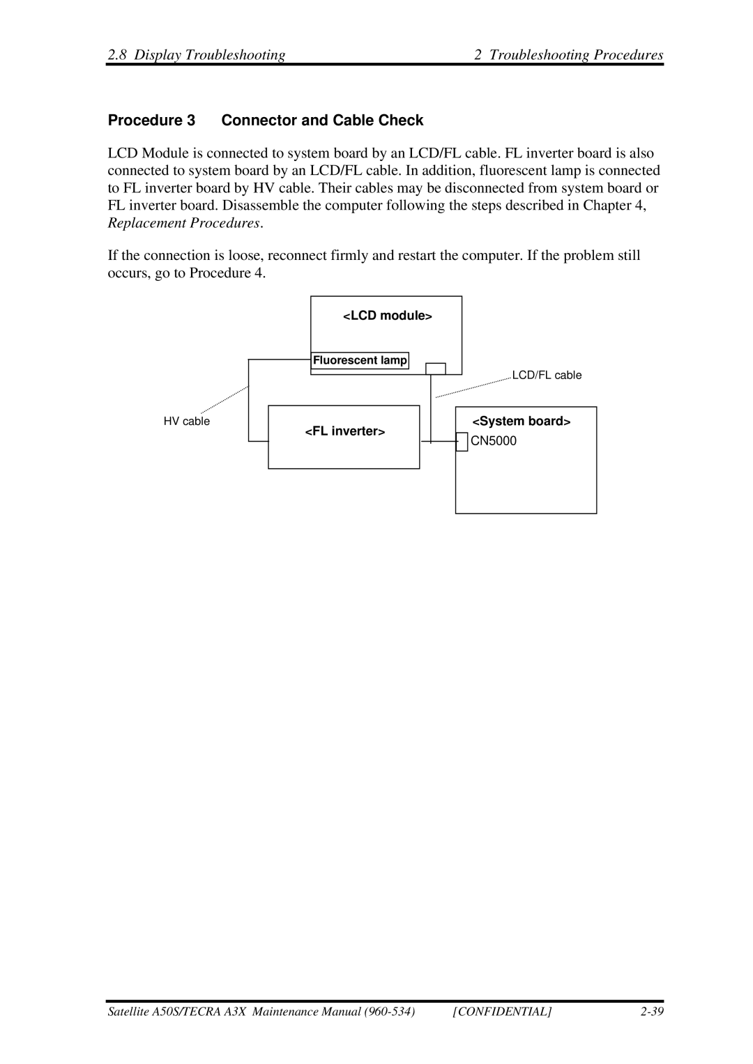 Toshiba A3X manual Display Troubleshooting Troubleshooting Procedures, Procedure 3 Connector and Cable Check, LCD module 