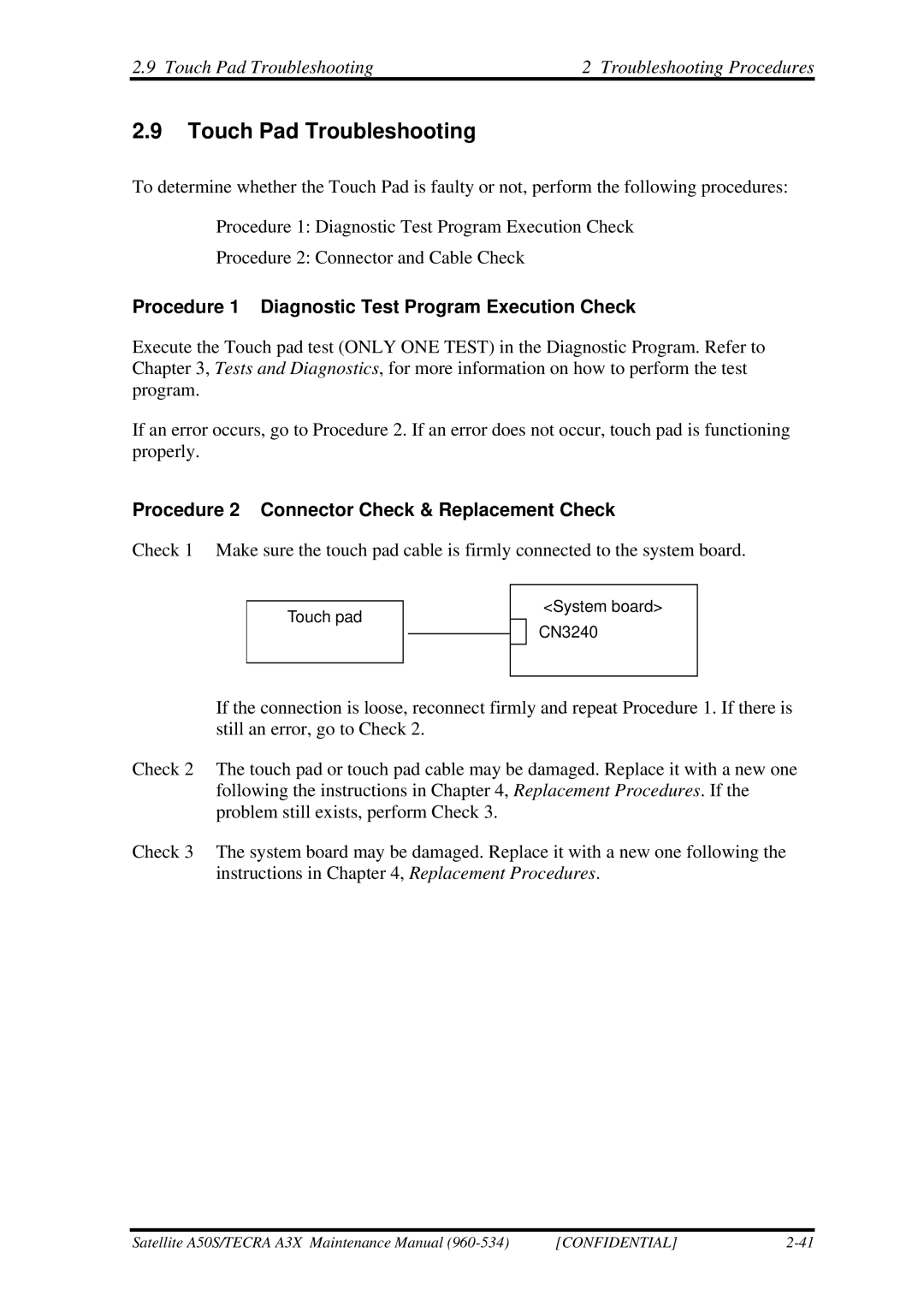 Toshiba A3X Touch Pad Troubleshooting Troubleshooting Procedures, Procedure 2 Connector Check & Replacement Check 