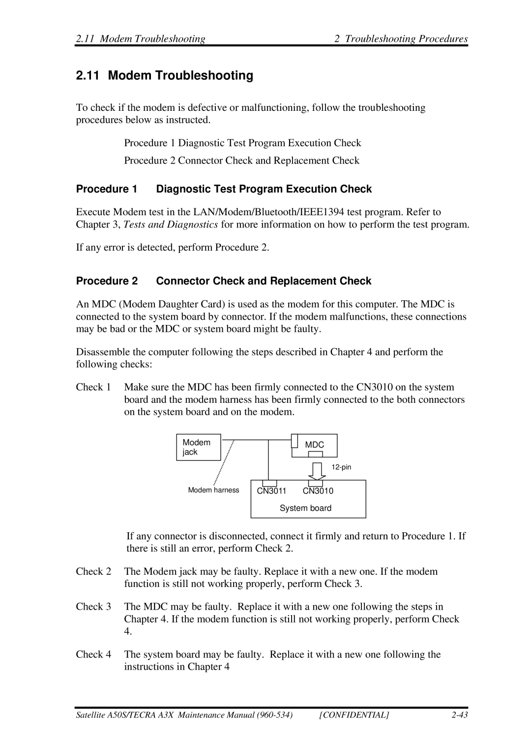 Toshiba A3X manual Modem Troubleshooting Troubleshooting Procedures 