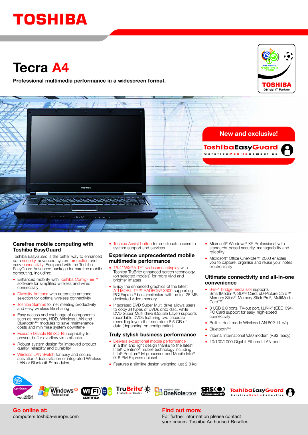 Toshiba A4 manual Experience unprecedented mobile multimedia performance, Truly stylish business performance 