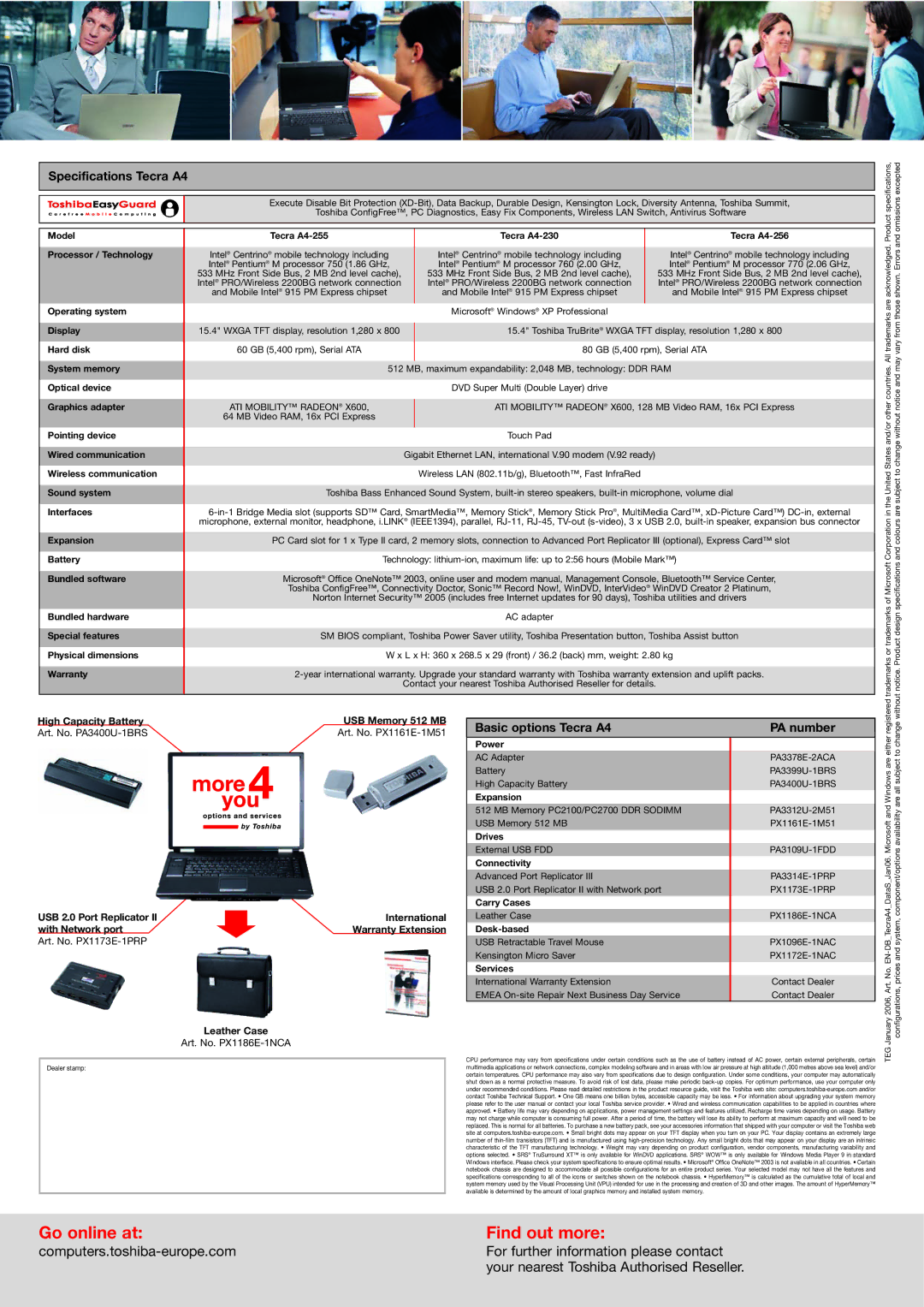 Toshiba A4 Operating system, Display, Hard disk, System memory, Optical device, Graphics adapter, Pointing device, Battery 