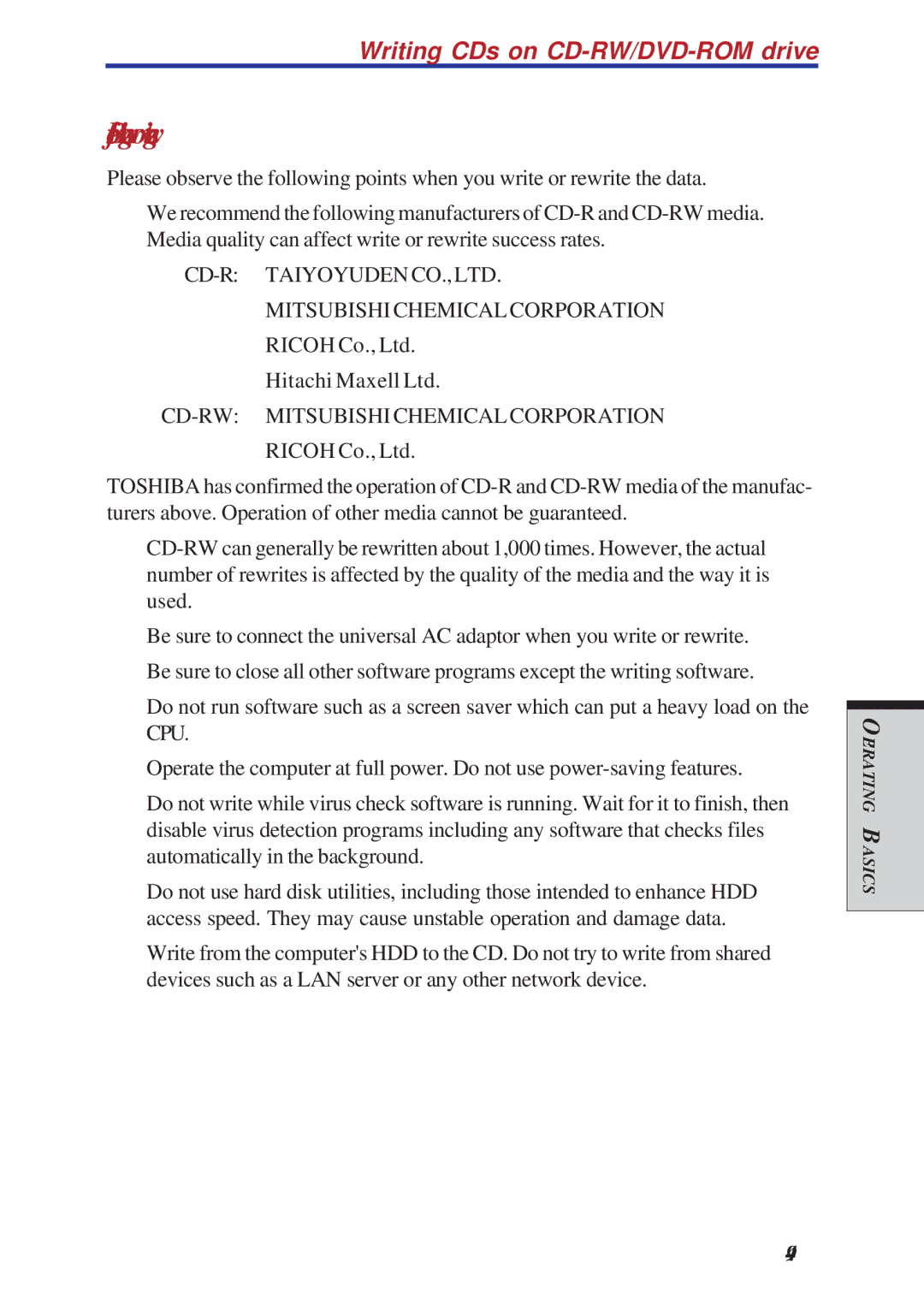 Toshiba A40 Series manual Before writing or rewriting, Writing CDs on CD-RW/DVD-ROM drive 