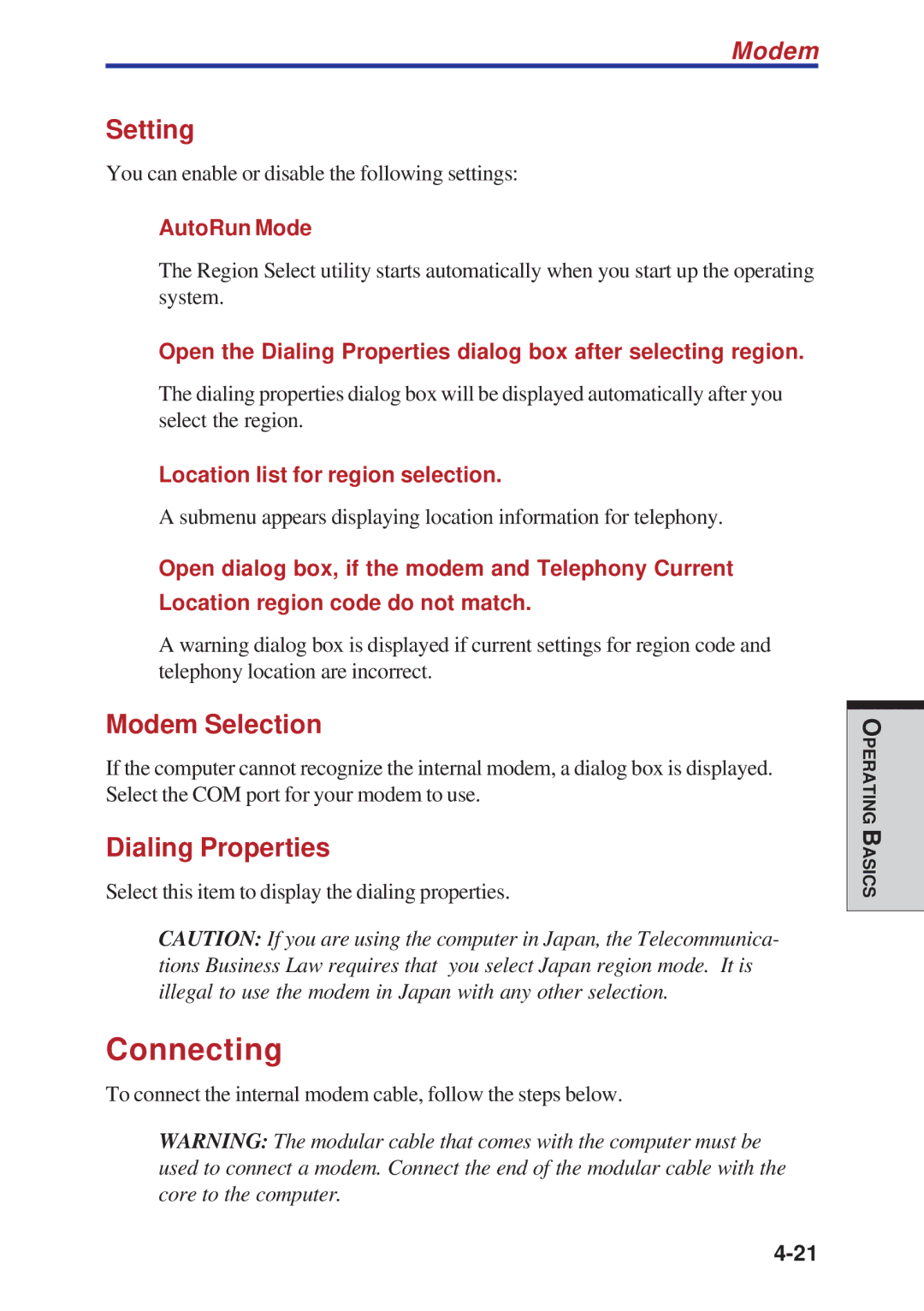 Toshiba A40 Series manual Connecting, Setting, Modem Selection, Dialing Properties 