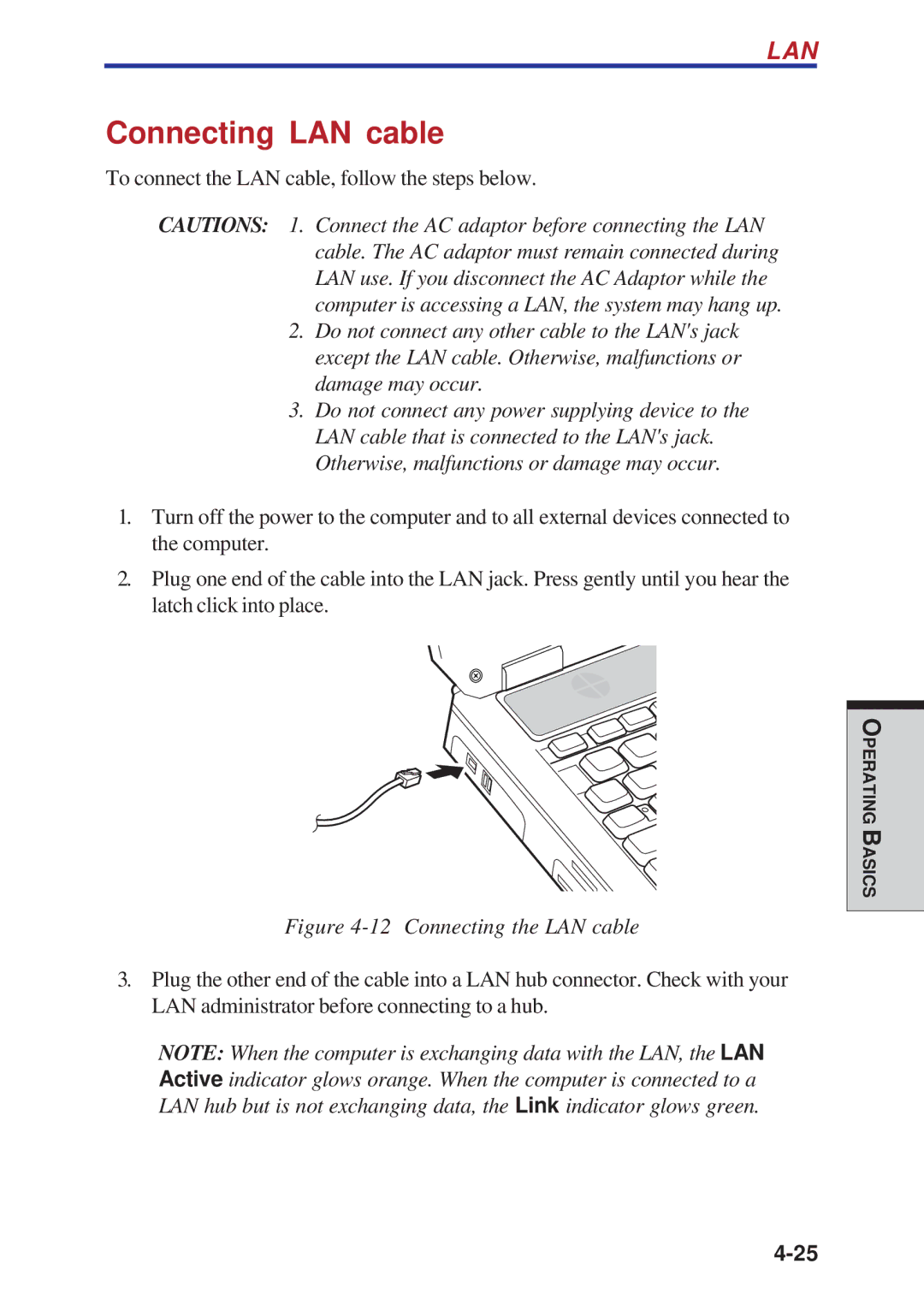 Toshiba A40 Series manual Connecting LAN cable, Connecting the LAN cable 