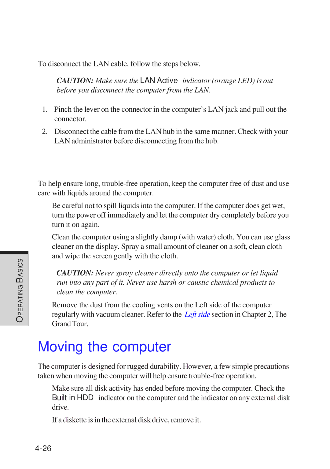 Toshiba A40 Series manual Cleaning the computer, Moving the computer, Disconnecting LAN cable 