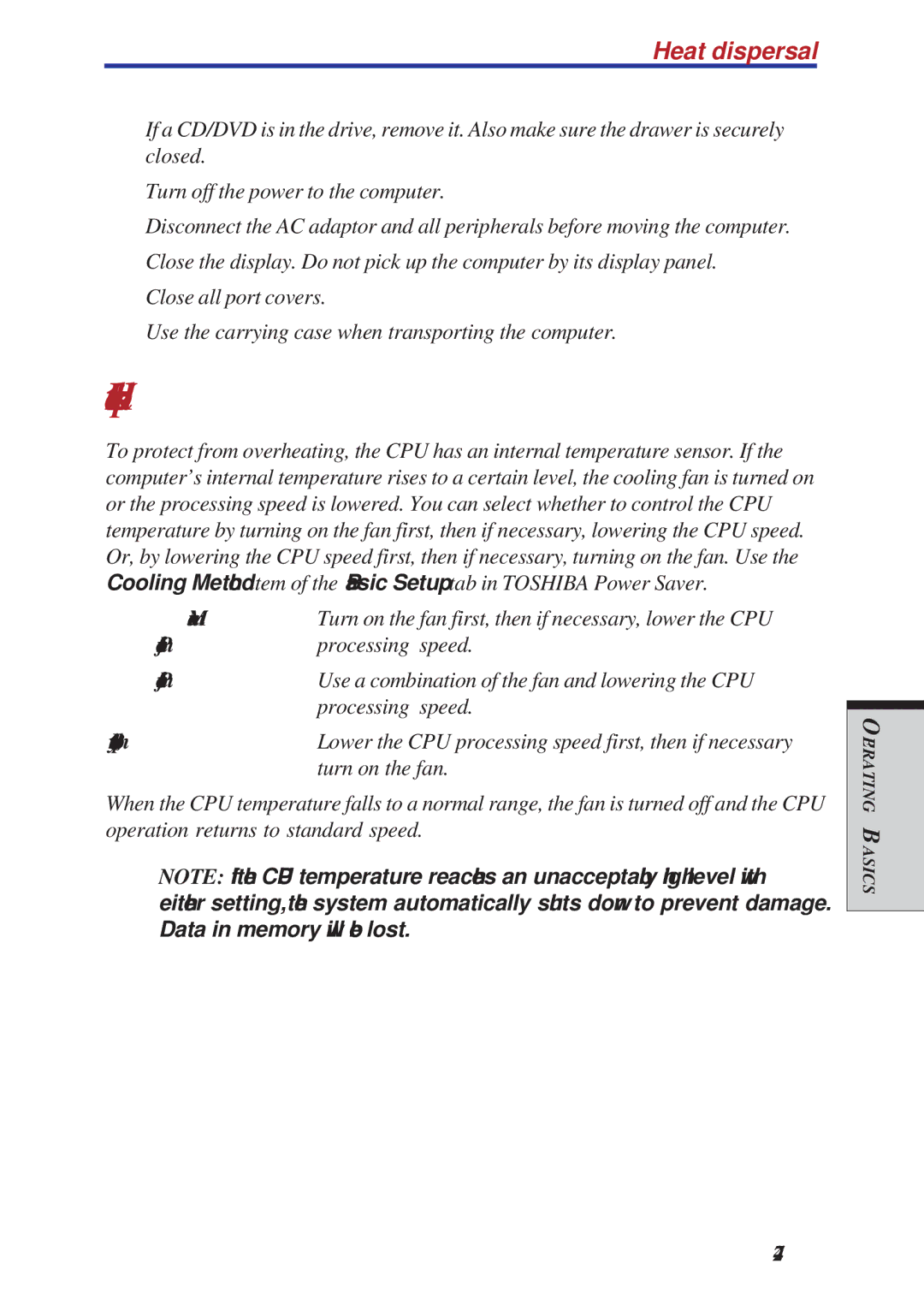 Toshiba A40 Series manual Heat dispersal 