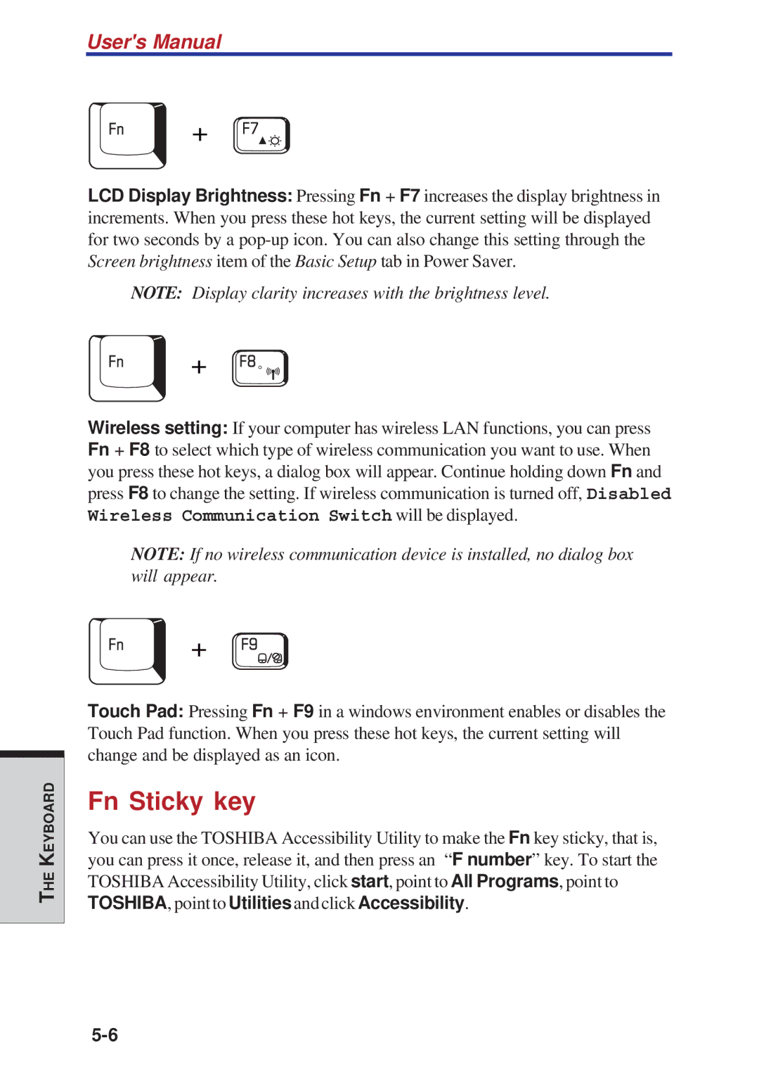 Toshiba A40 Series manual Fn Sticky key 