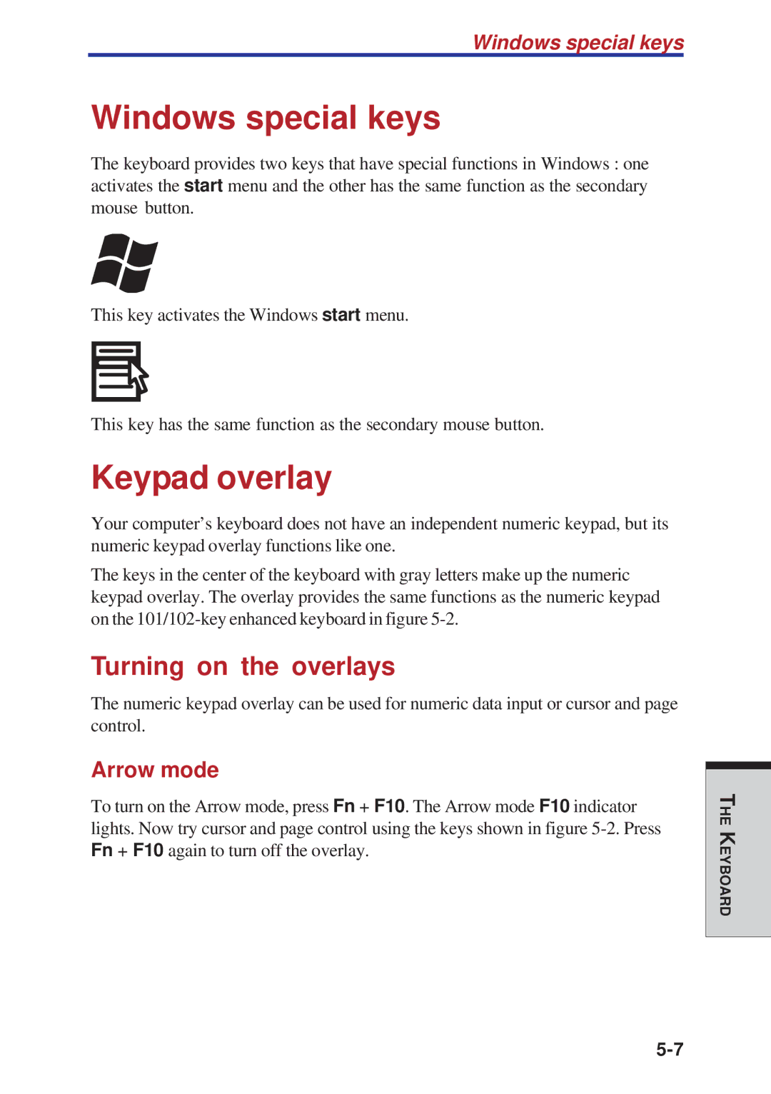 Toshiba A40 Series manual Windows special keys, Keypad overlay, Turning on the overlays, Arrow mode 