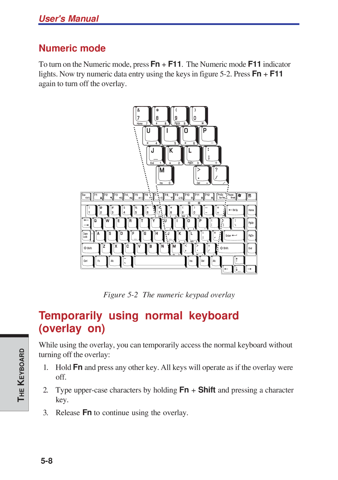 Toshiba A40 Series manual Temporarily using normal keyboard overlay on, Numeric mode 