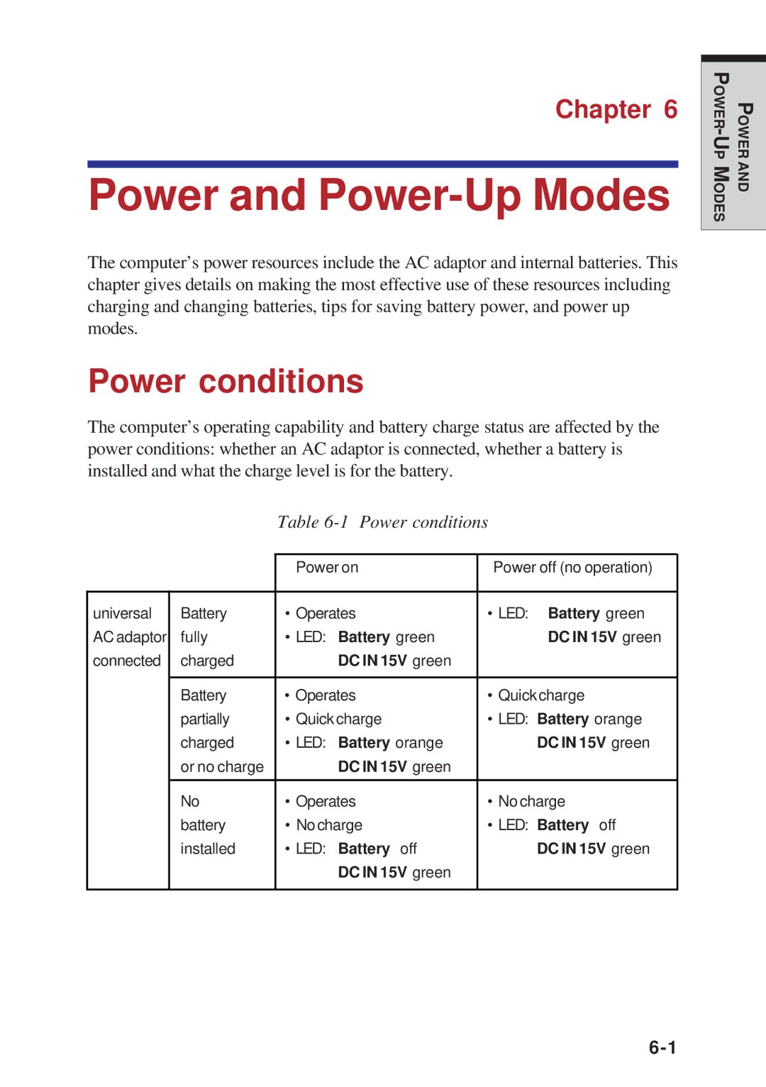 Toshiba A40 Series manual Power and Power-Up Modes, Power conditions 