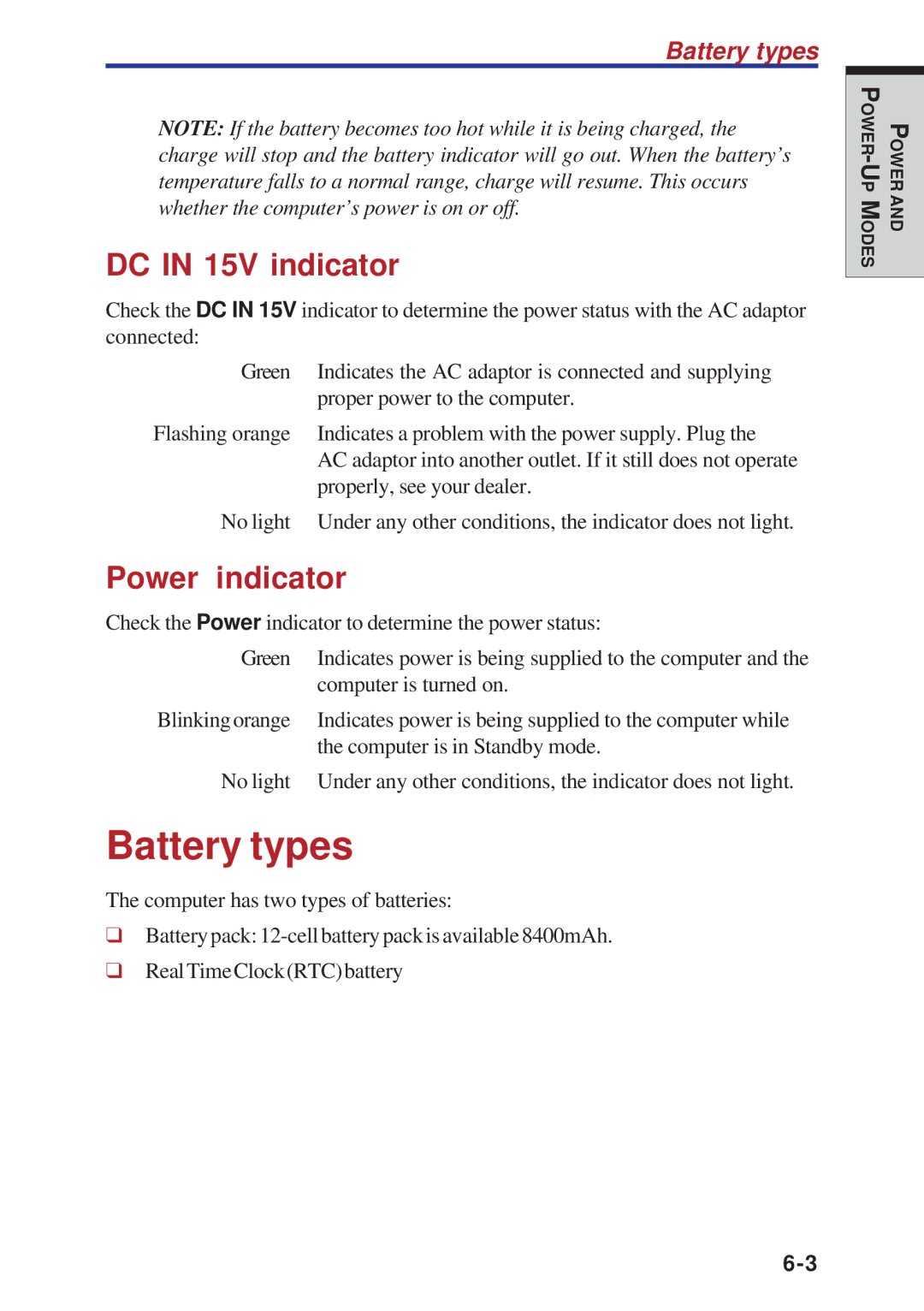 Toshiba A40 Series manual Battery types, DC in 15V indicator, Power indicator 