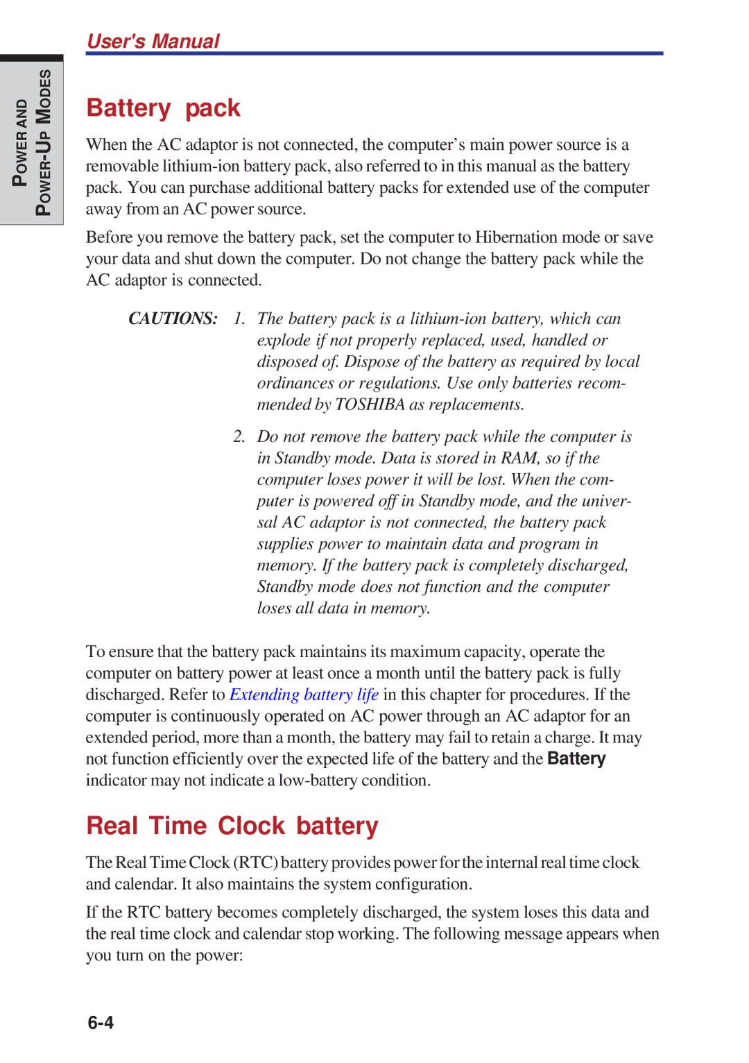 Toshiba A40 Series manual Battery pack, Real Time Clock battery 