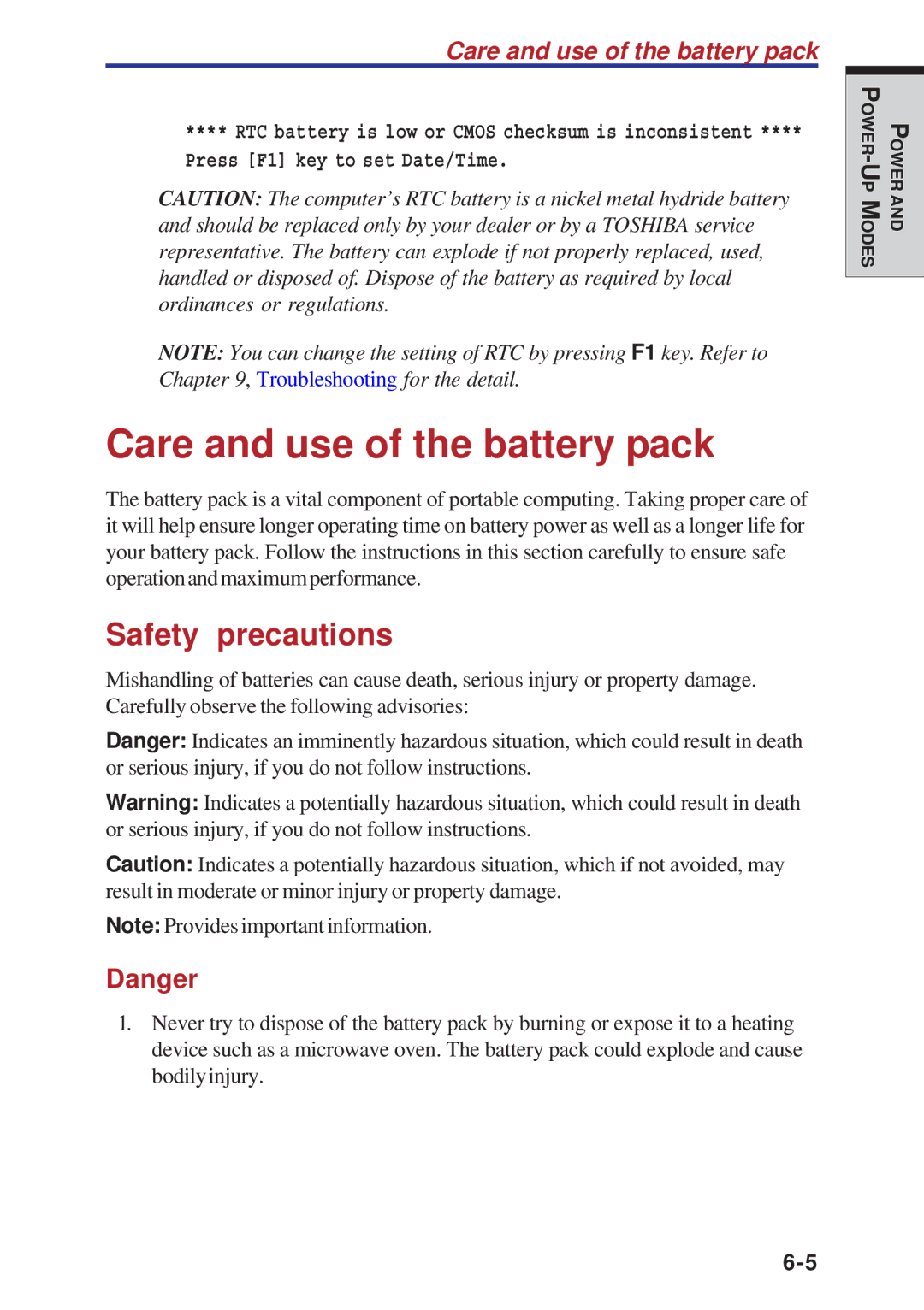 Toshiba A40 Series manual Care and use of the battery pack, Safety precautions 