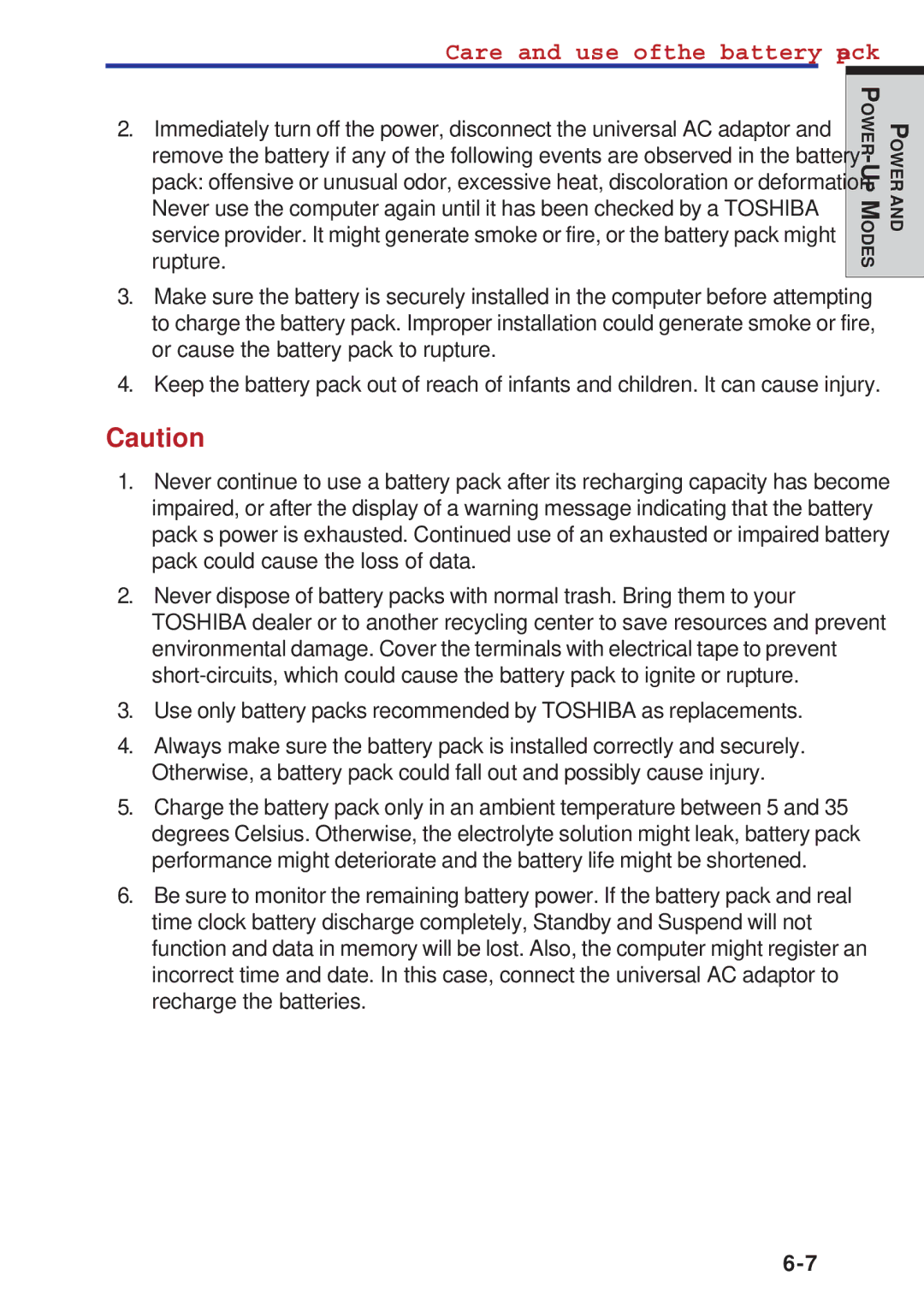 Toshiba A40 Series manual Care and use of the battery pack 