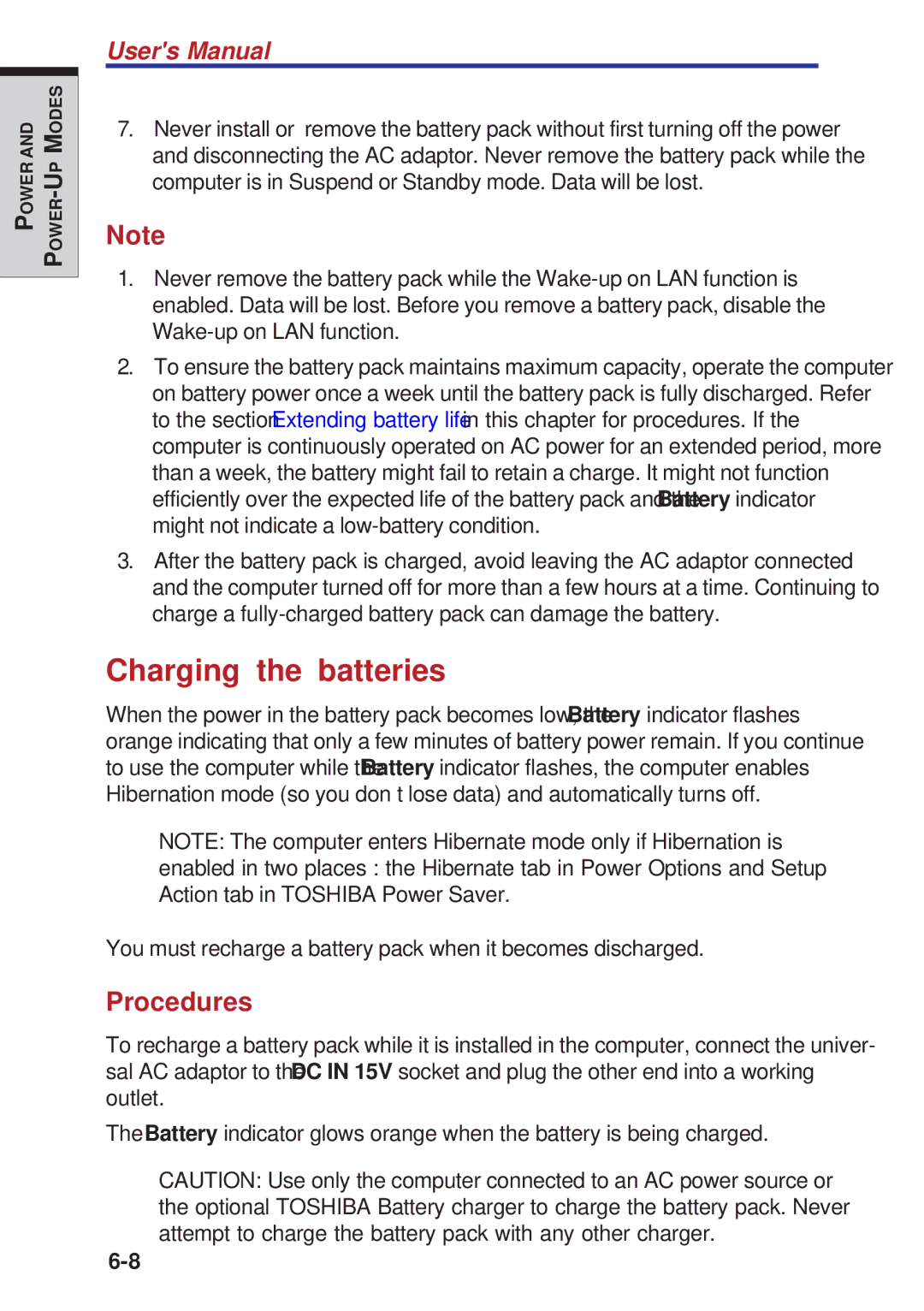 Toshiba A40 Series manual Charging the batteries, Procedures 