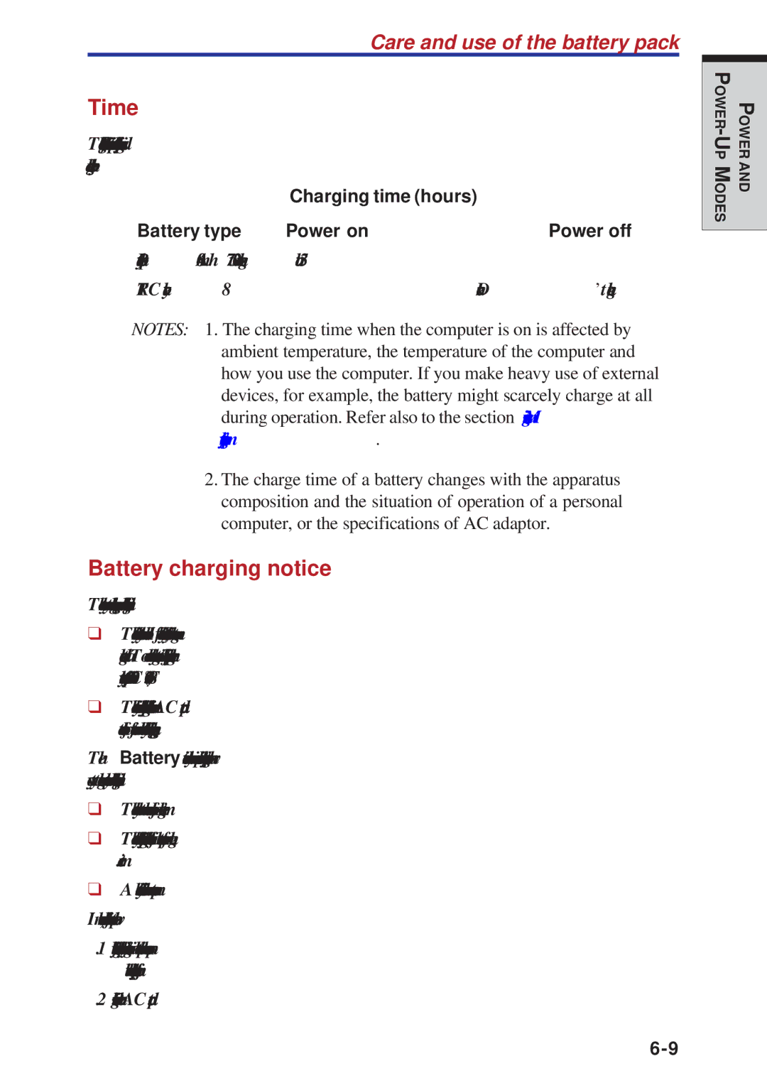 Toshiba A40 Series manual Time, Battery charging notice, Charging time hours Battery type Power on Power off 